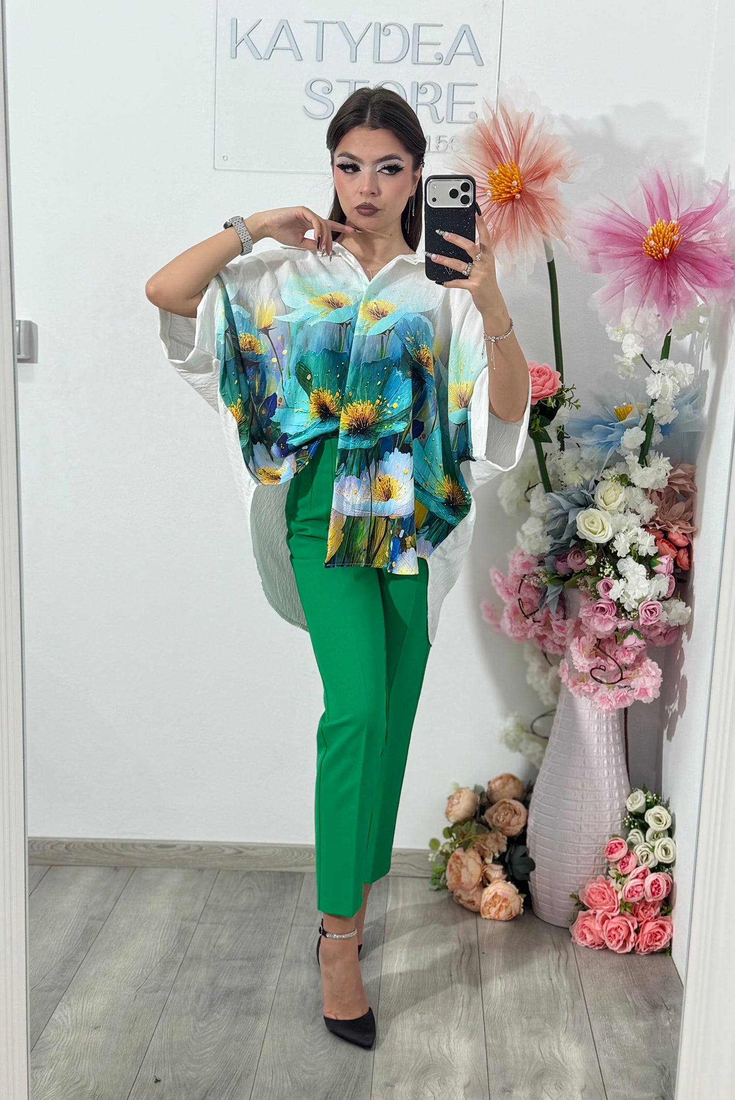 Cămașă din în cu imprimeu verde ELIZA