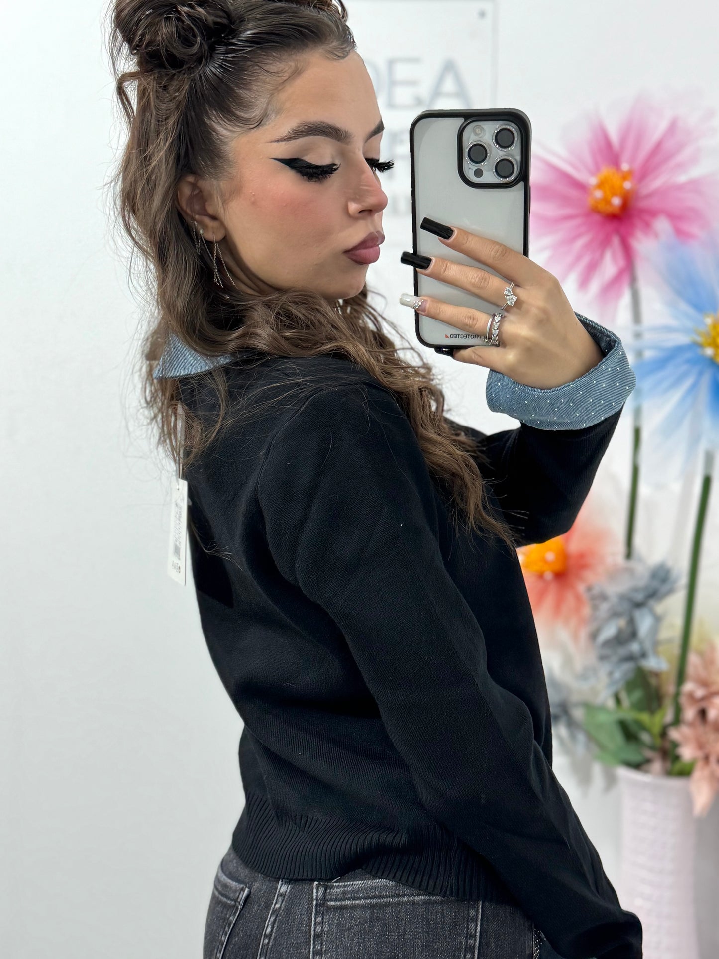 Pulover cu guler din denim Delia