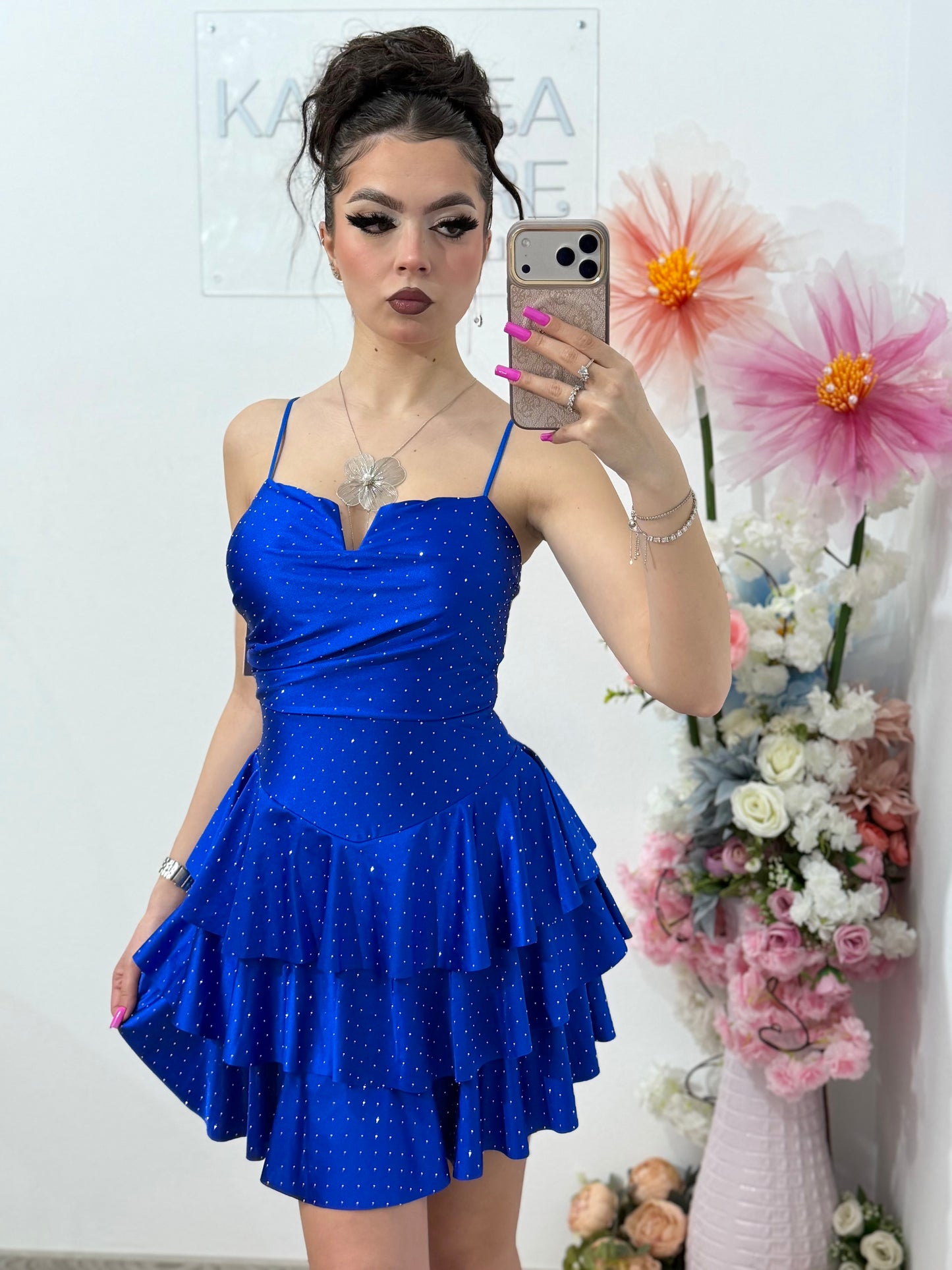 Rochie scurta albastru electric cu cristale ștanțate ZONIA