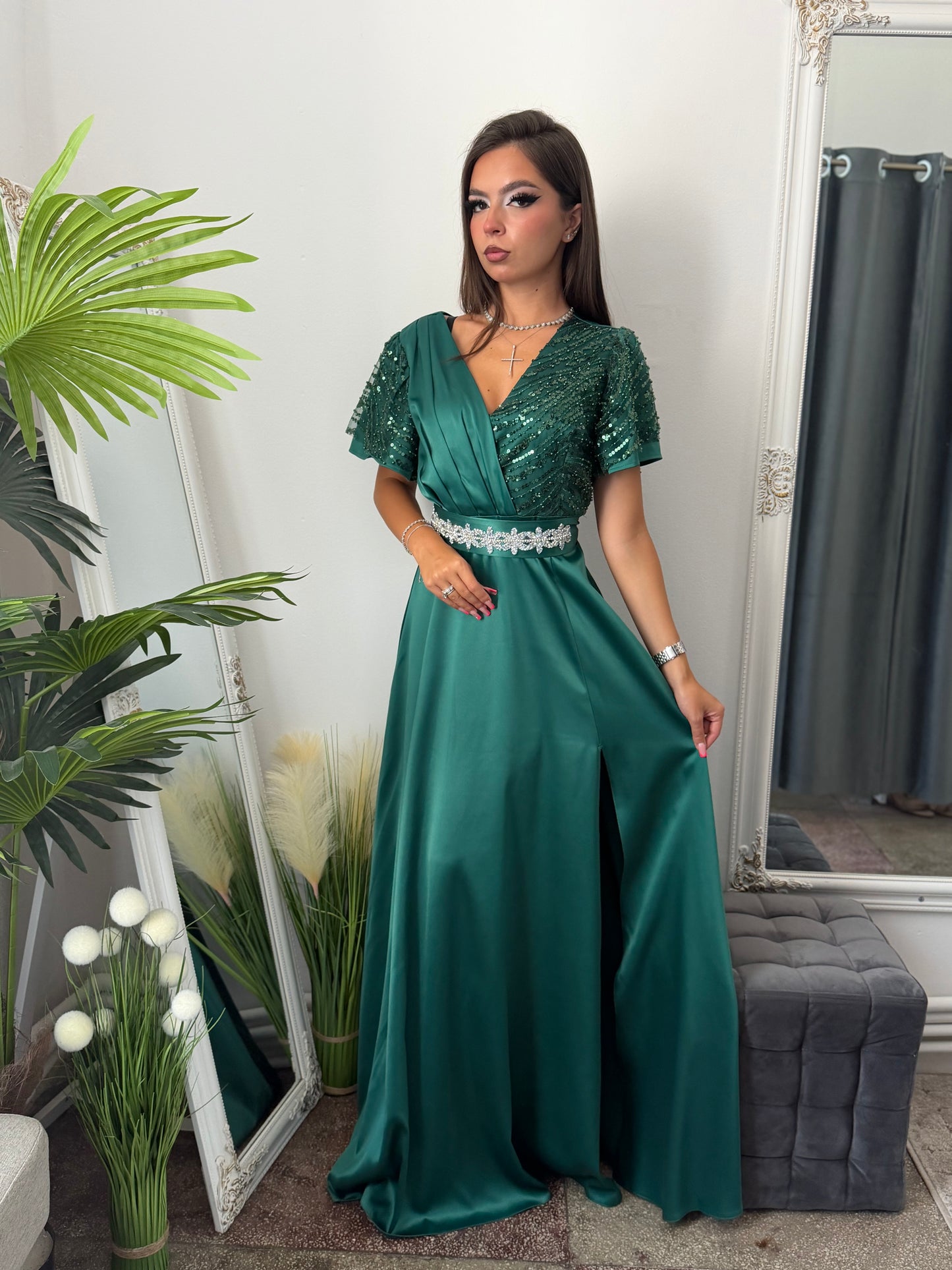 Rochie lungă din tafta verde smarald EDA