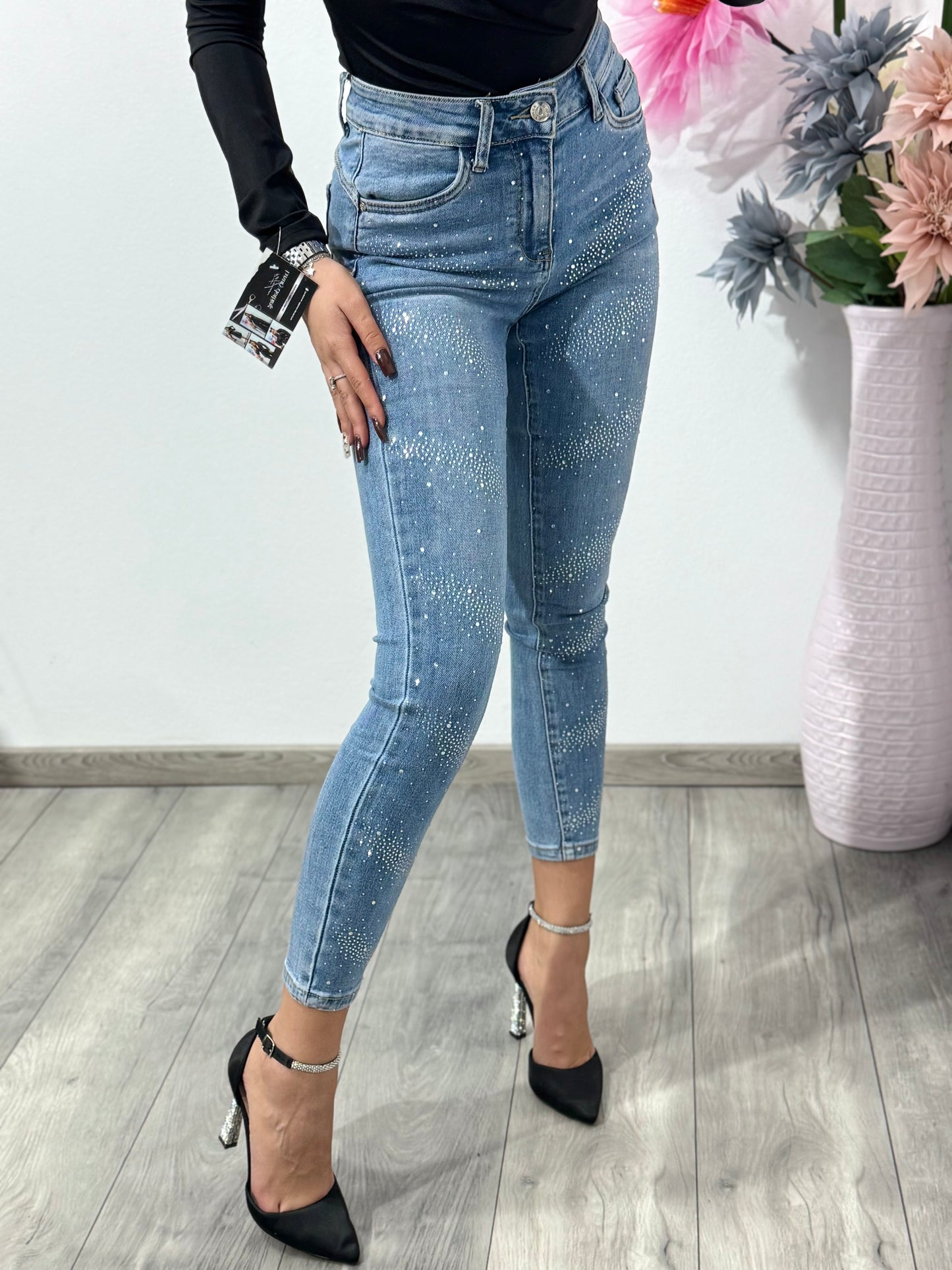 Jeans skinny cu cristale ștanțate albaștri Elsa