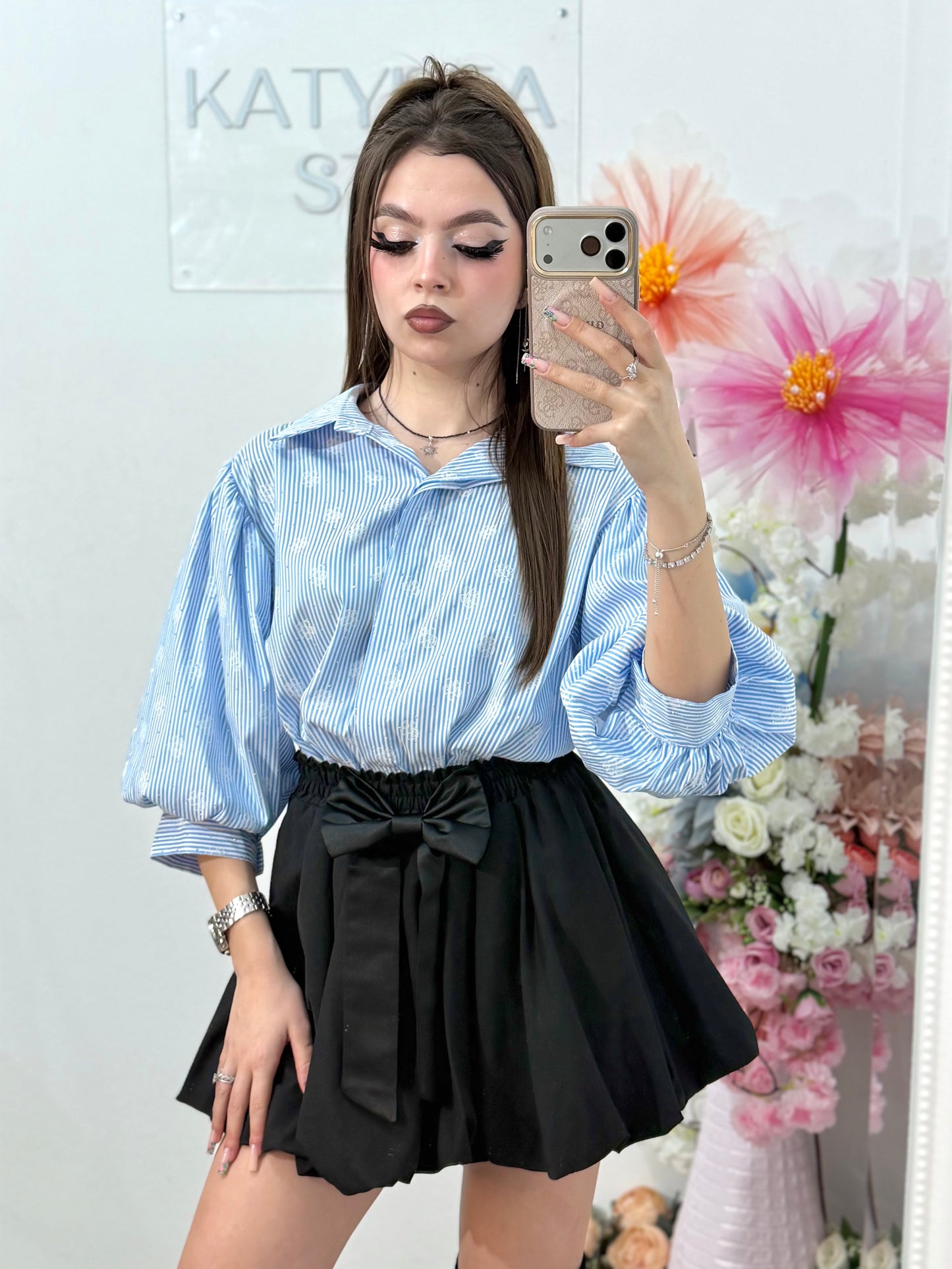 Cămașă delicată cu dungi și cristale ștanțate DELIA