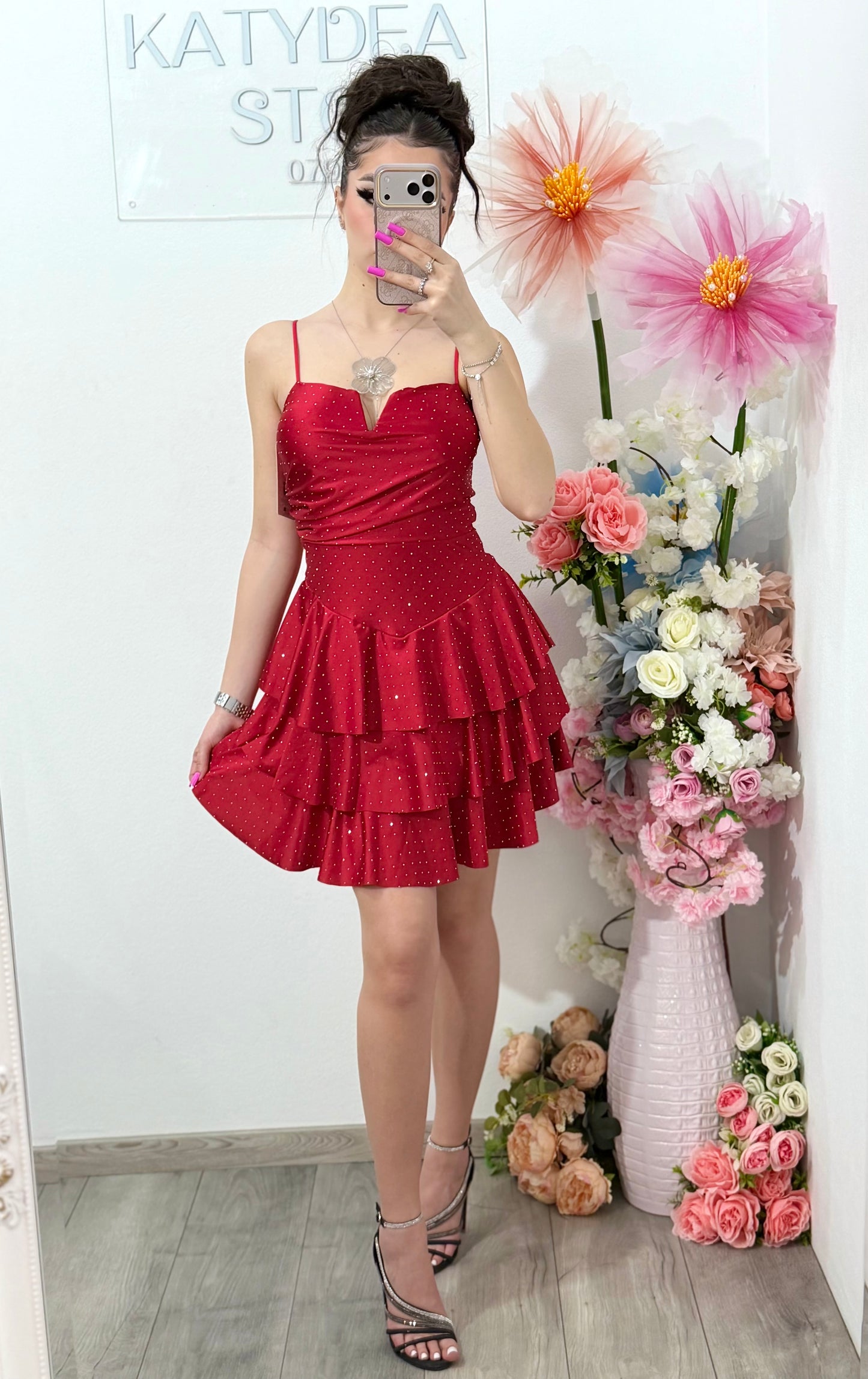 Rochie scurta rosie cu cristale ștanțate ZONIA