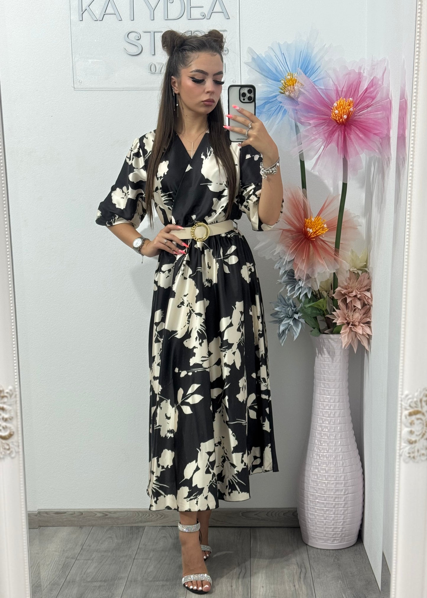 Rochie midi din satin cu imprimeu Mara
