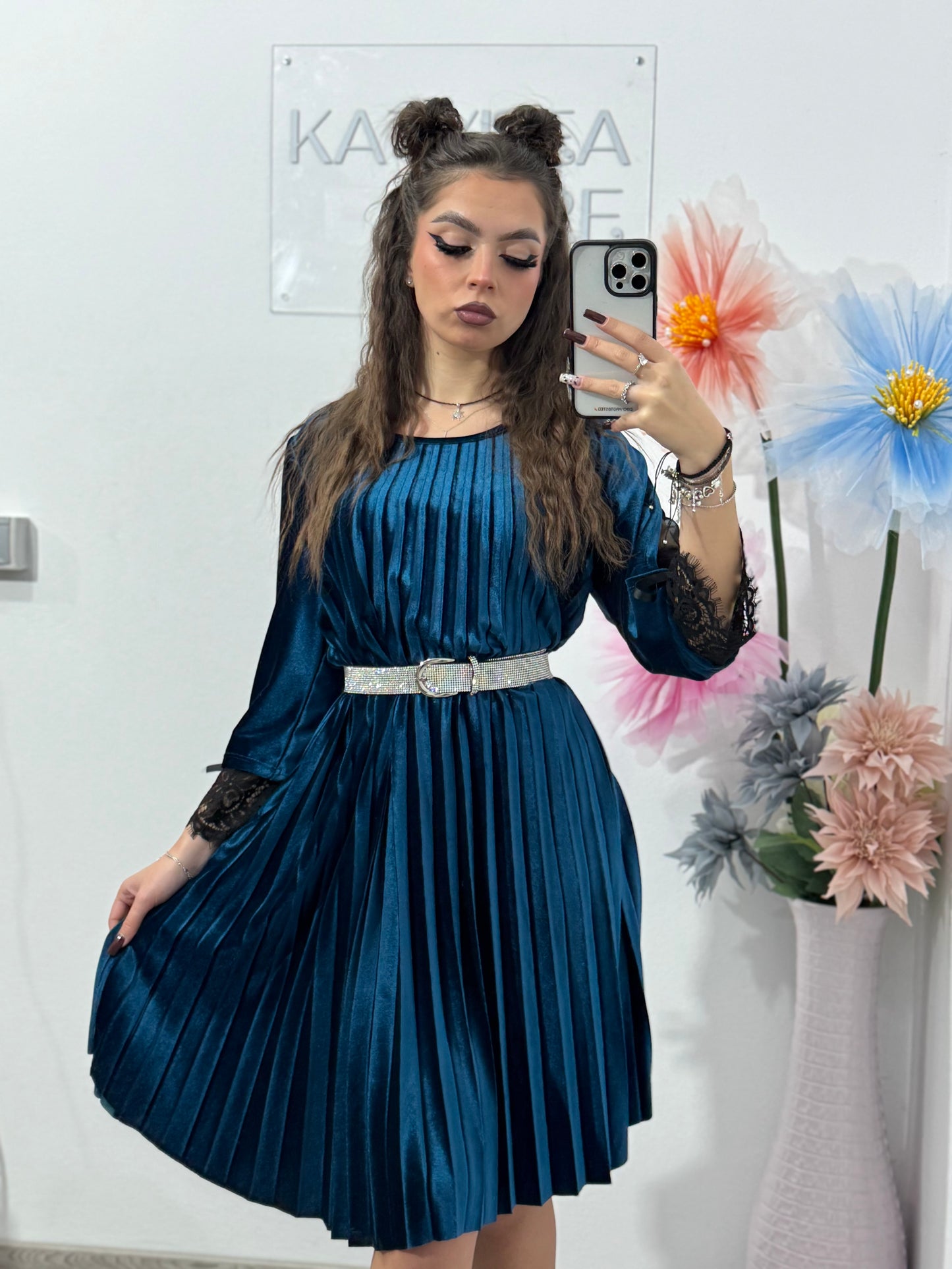 Rochie din catifea și dantelă plisată MARA