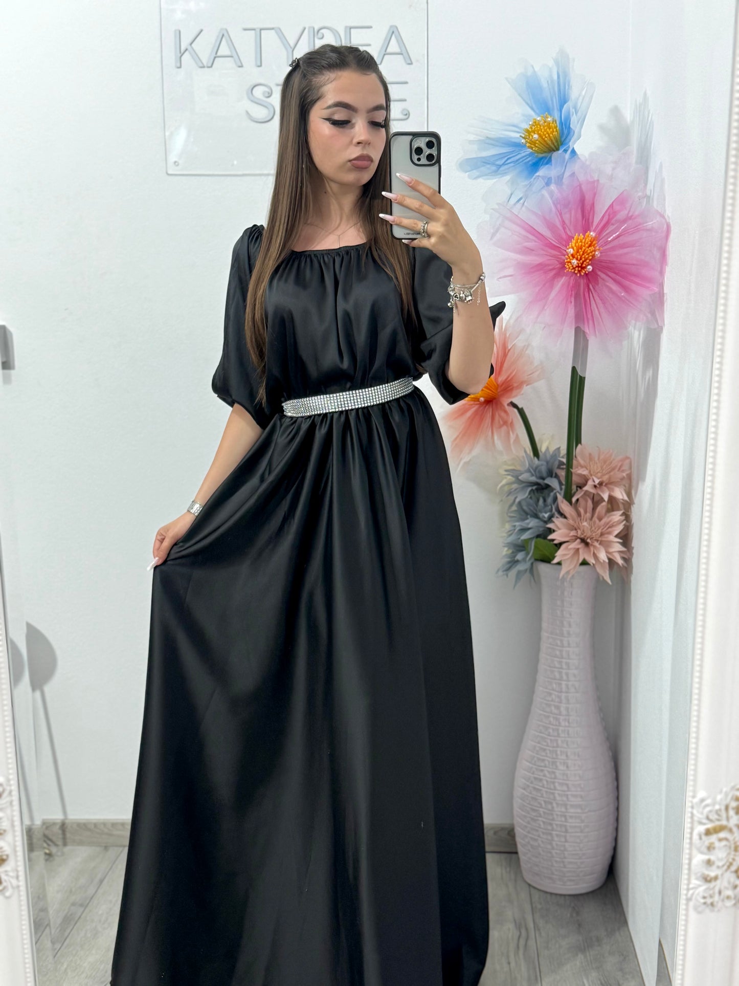 Rochie din satin neagră Anna