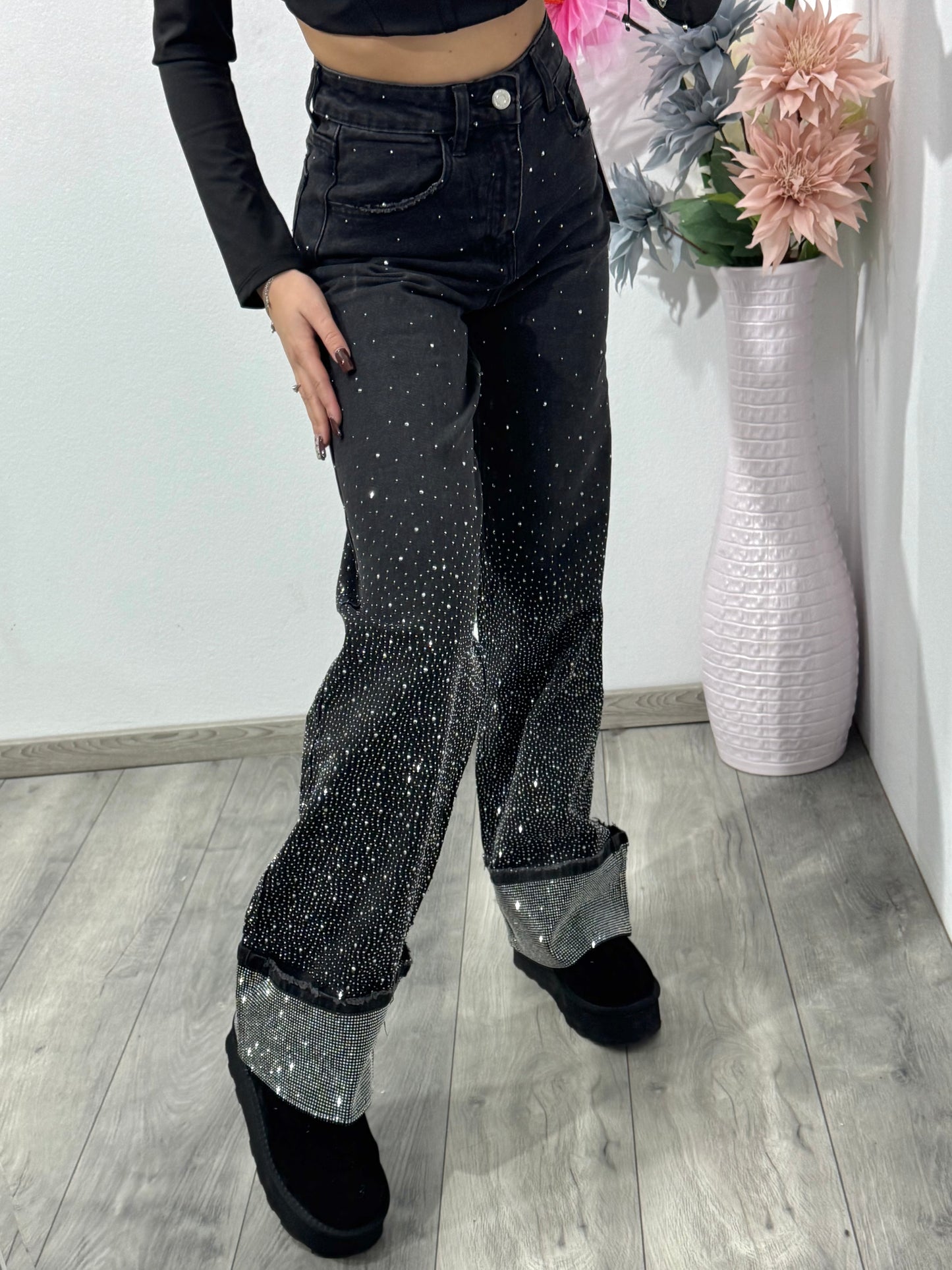 Jeans WideLeg cu cristale ștanțate negri Paulina