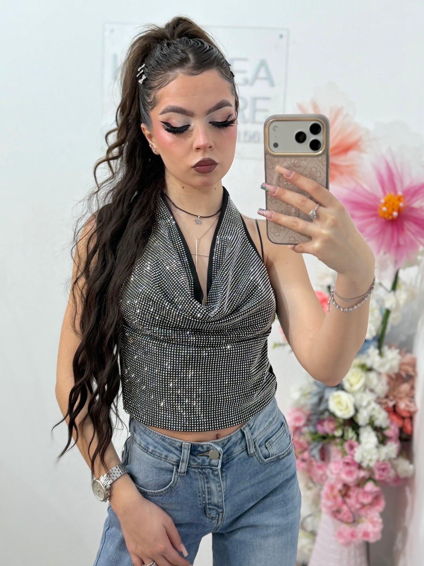 Top elegant full piatră negru  NASIA