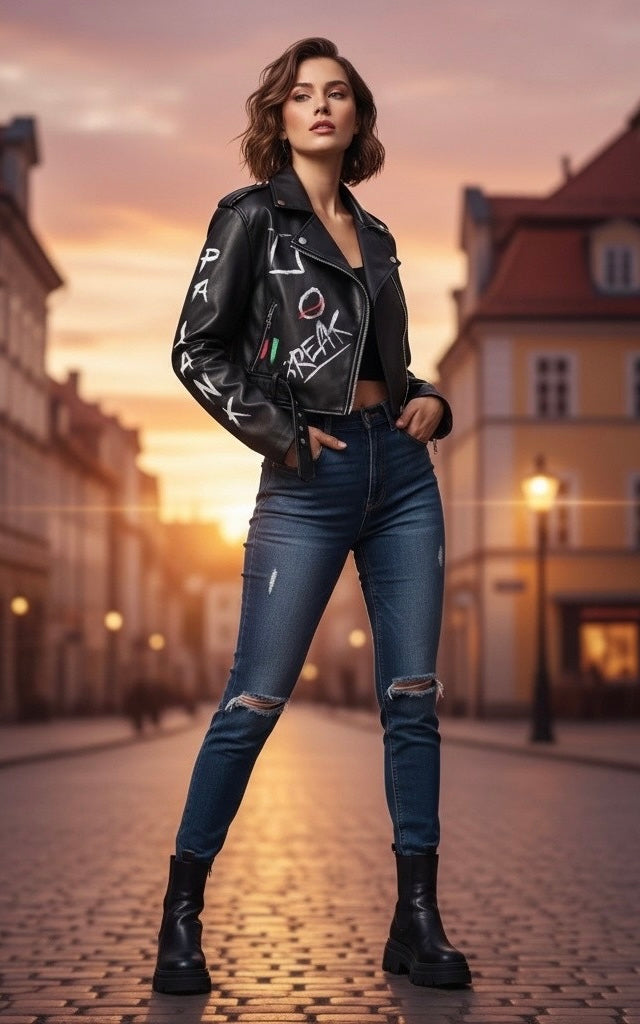 Geacă scurtă biker din imitație de piele neagră GRAFITTI