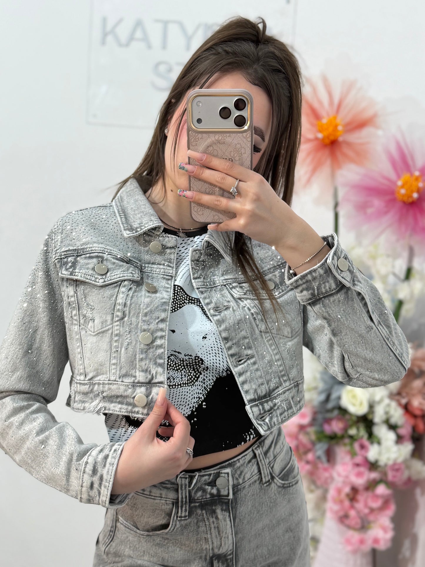 Geacă din denim cropped gri prespălat cu cristale ANNAIS