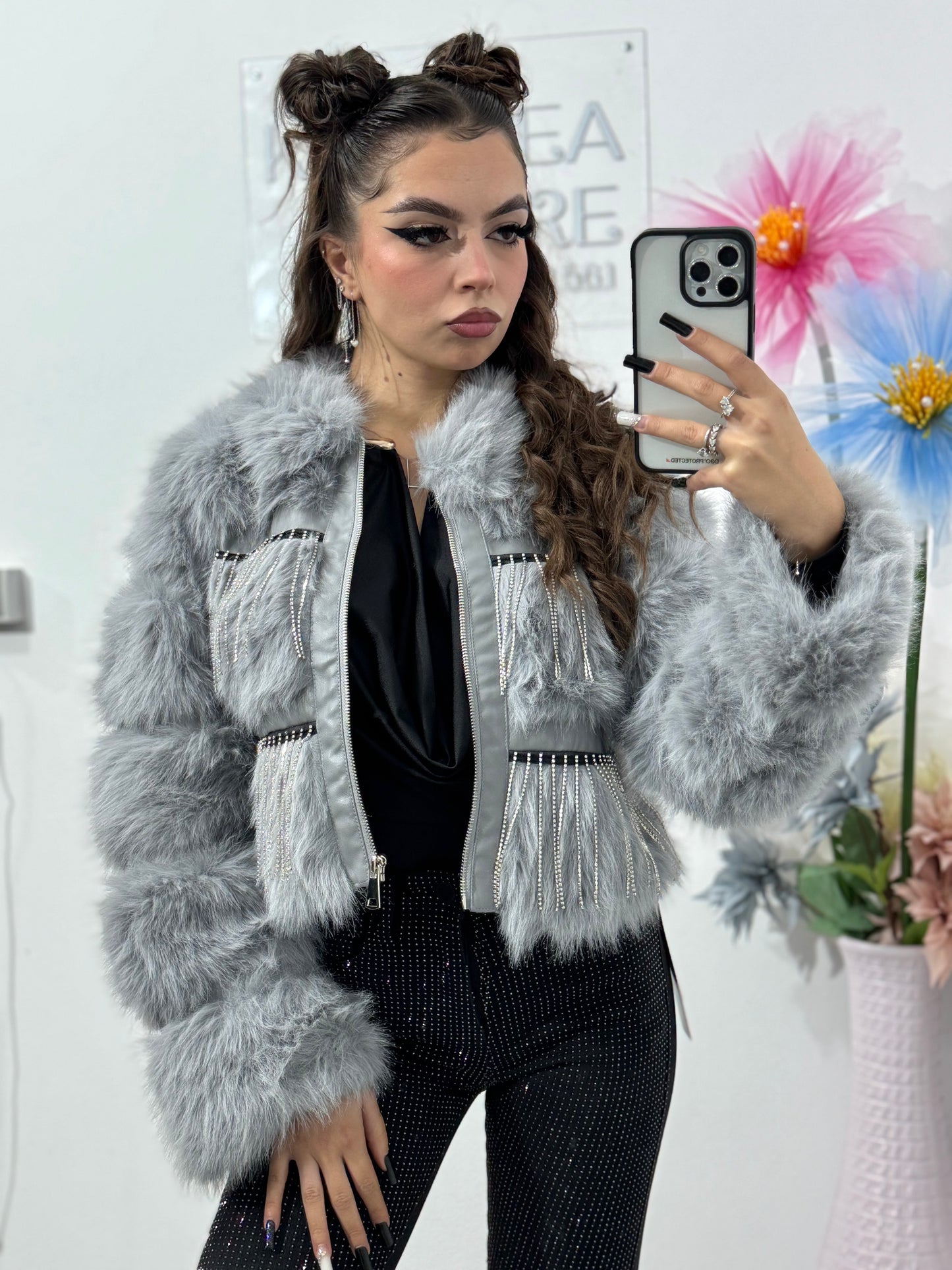 Geacă din blană cu cristale gri Alexis