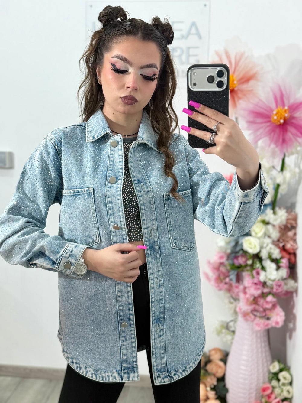 Jacheta din denim blue cu cristale ștanțate MAYA