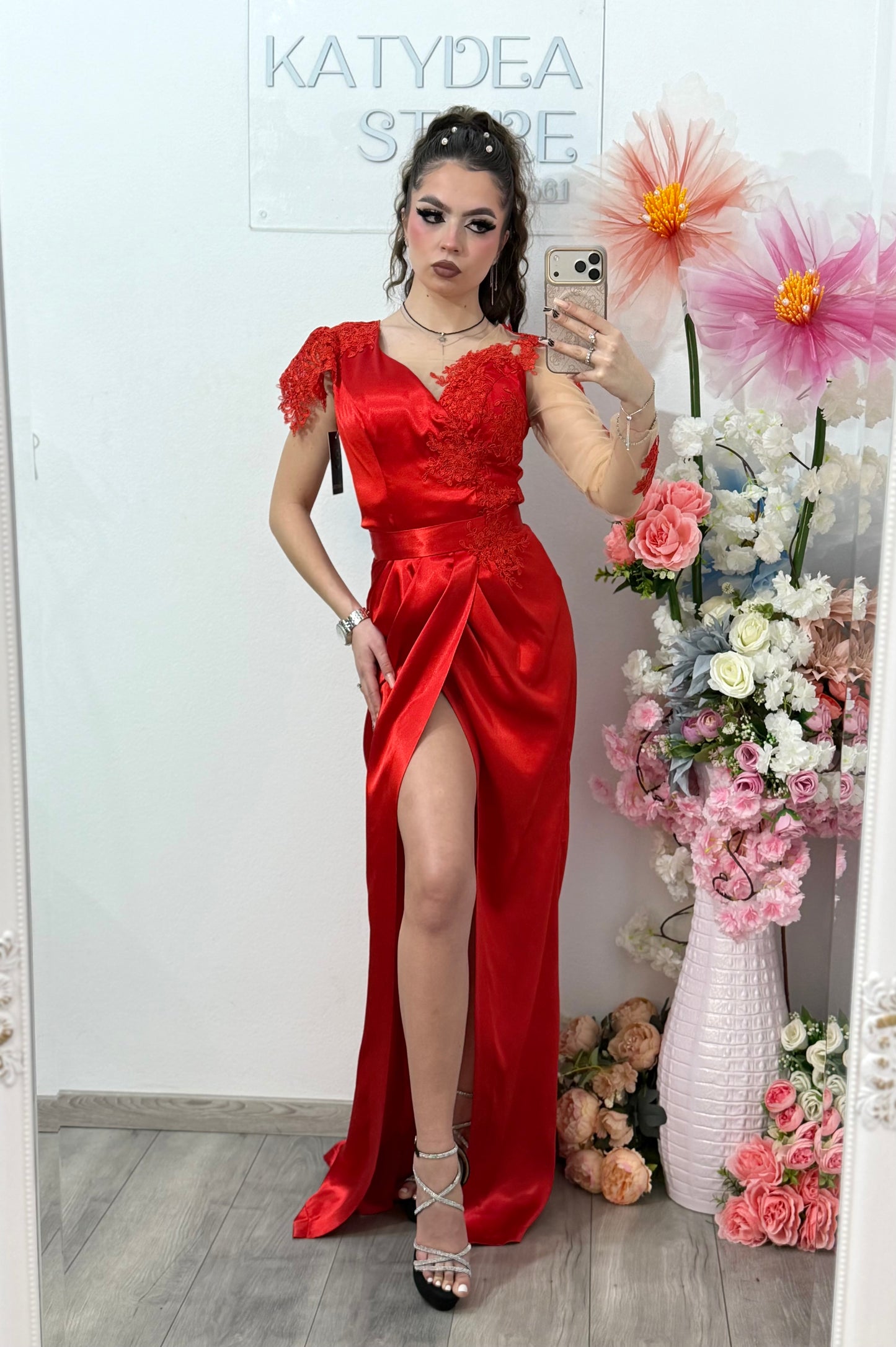 Rochie lunga din tafta rosu intens Anasofia