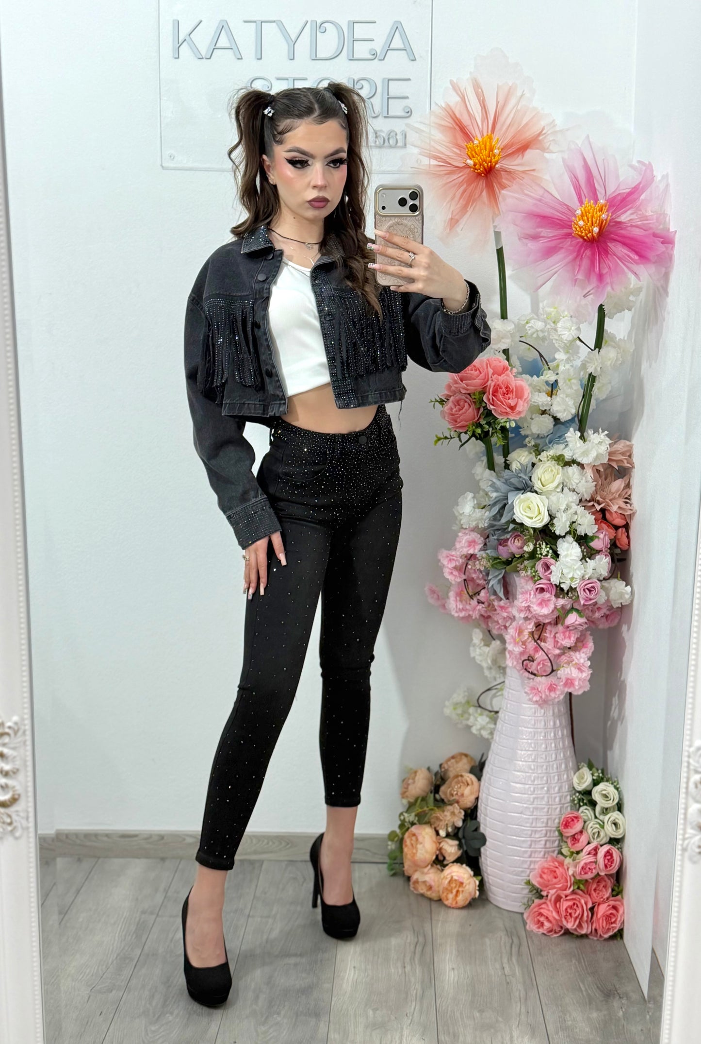 Jeans skinny negri cu cristale ROXANA