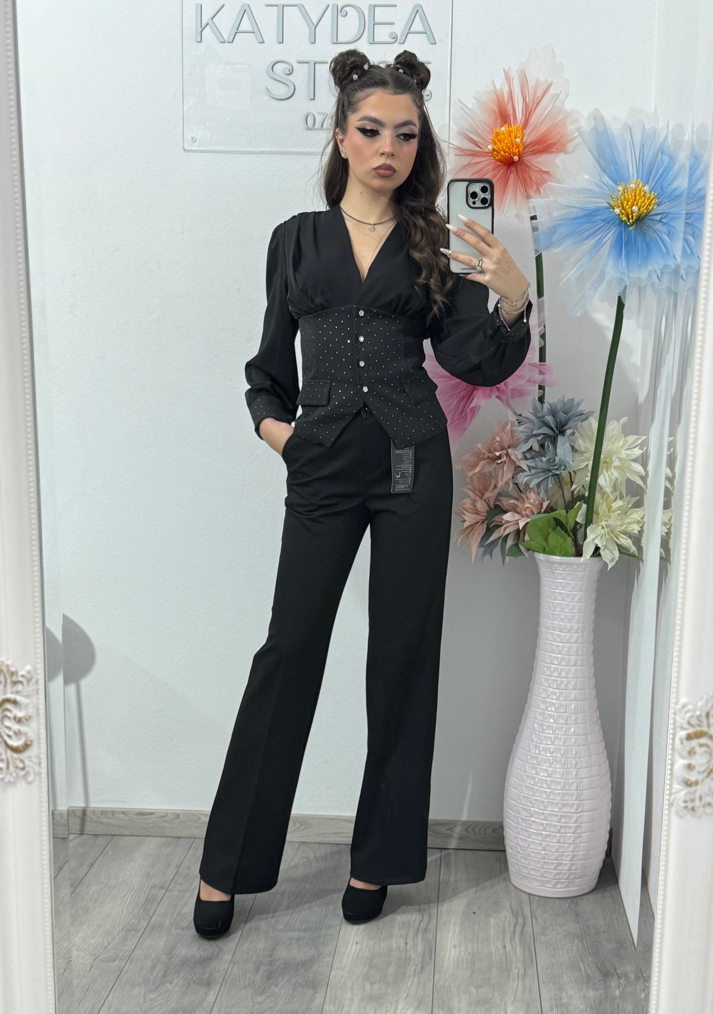 Pantaloni WideLeg negri ANA