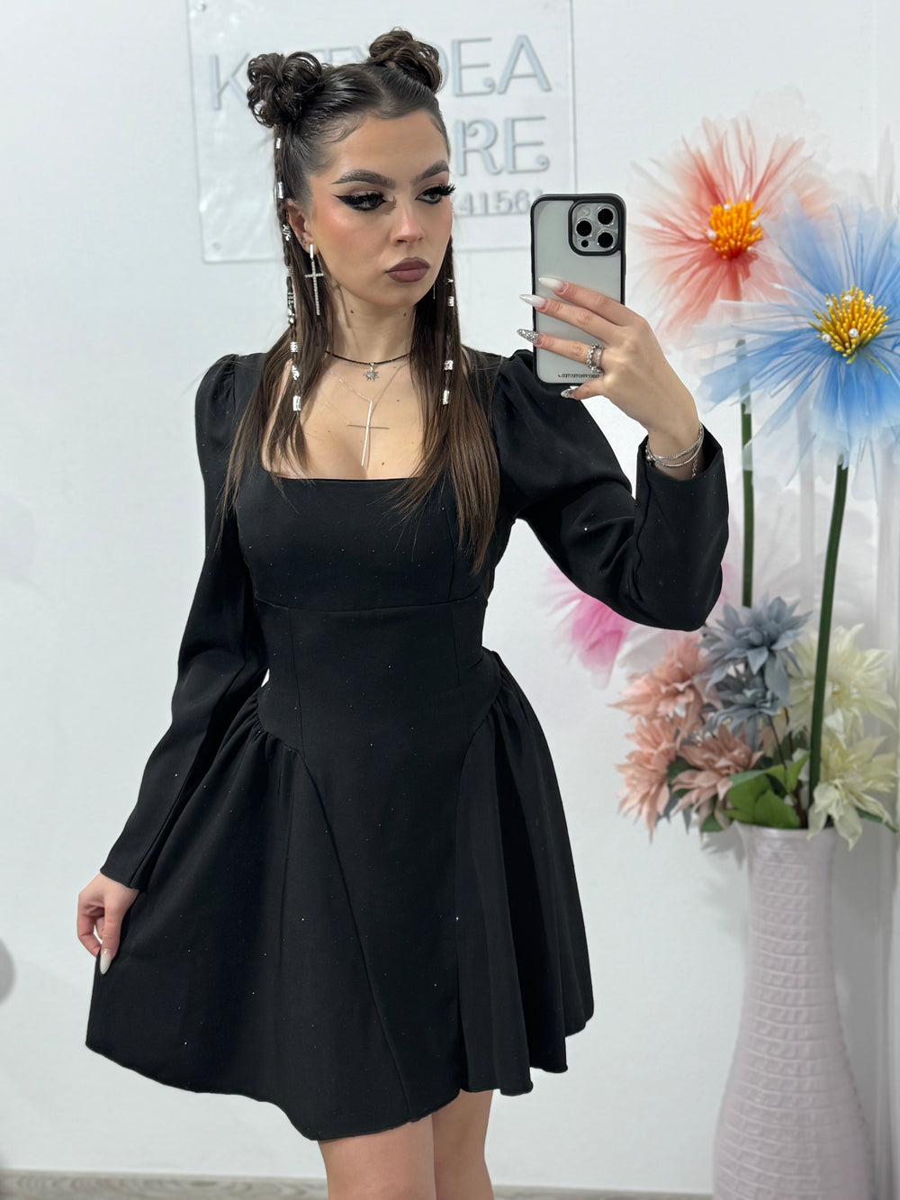 Rochie neagra cu cristale ștanțate neagra EVA