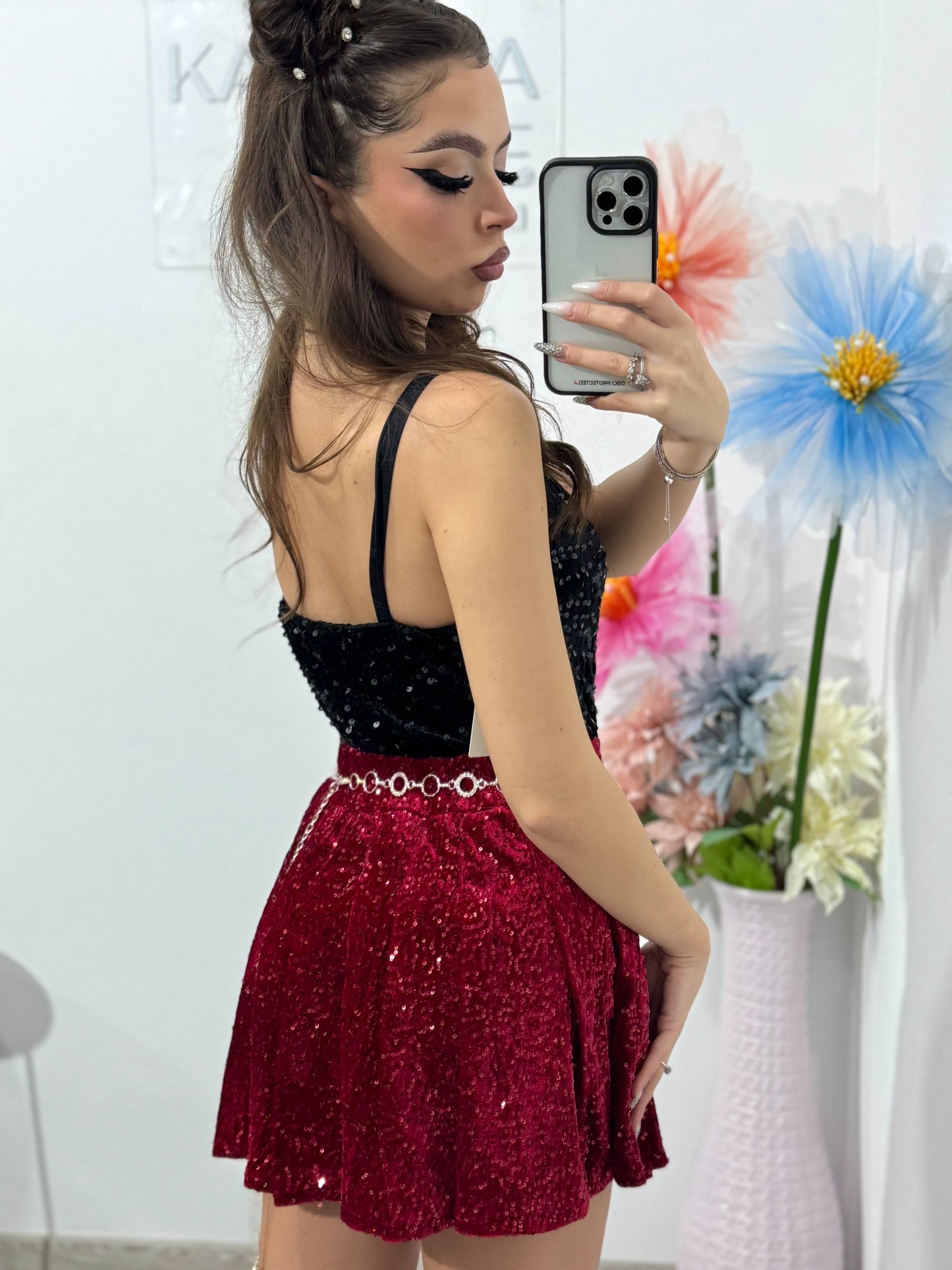 Fustă-pantalon plisată din paiete roșie DELIA