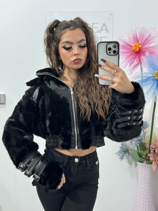 Geacă cu piele și blană neagră Andree