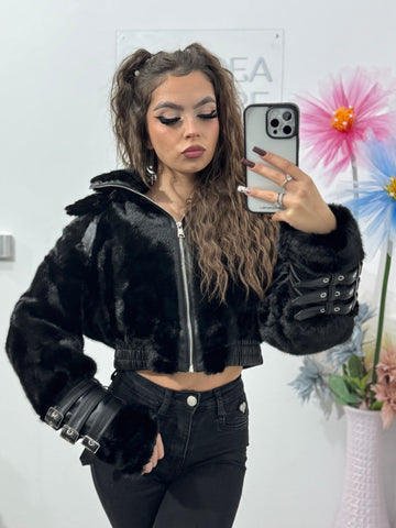 Geacă cu piele și blană neagră Andree