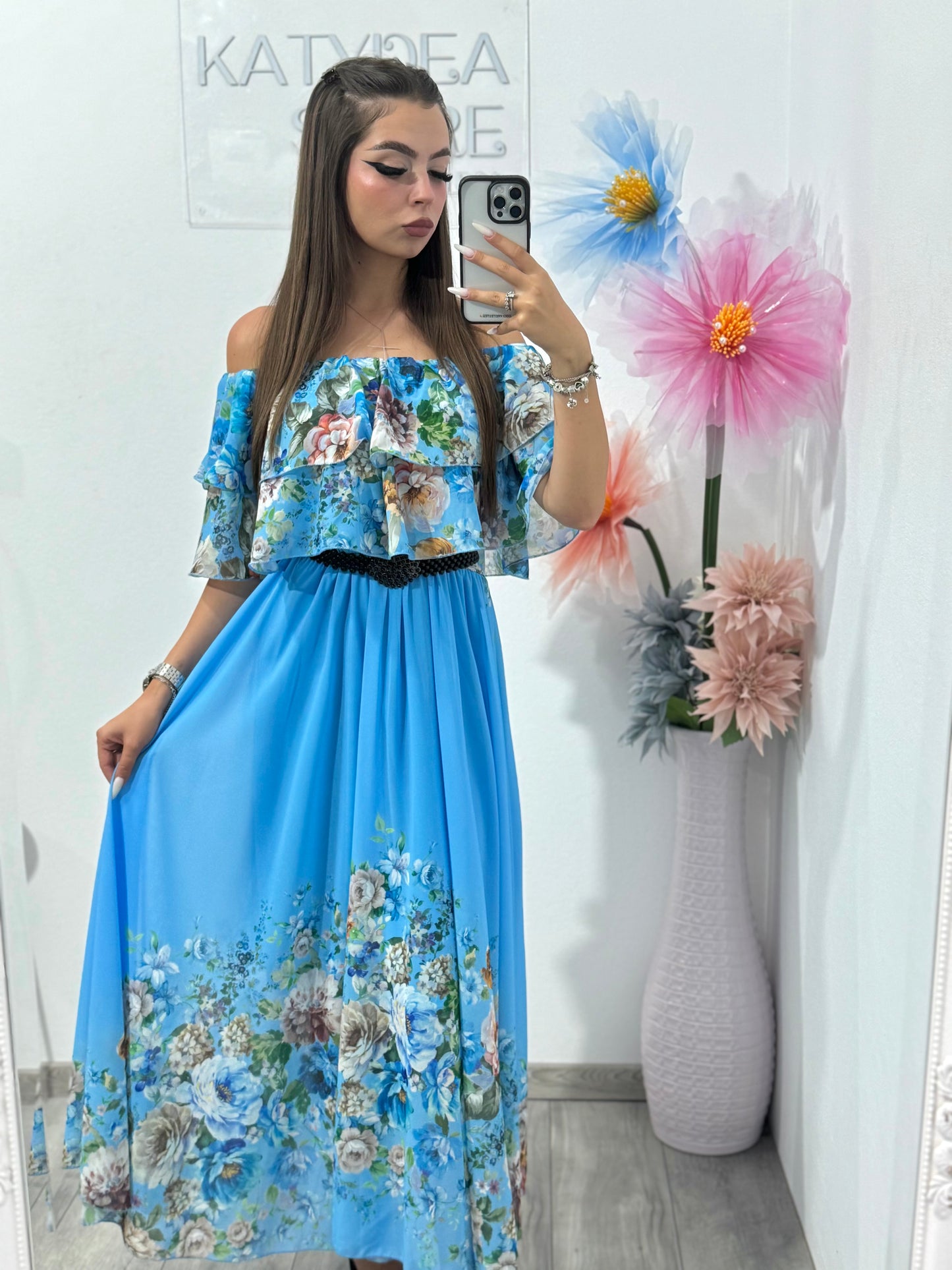 Rochie din voal cu imprimeu albastru Delilah