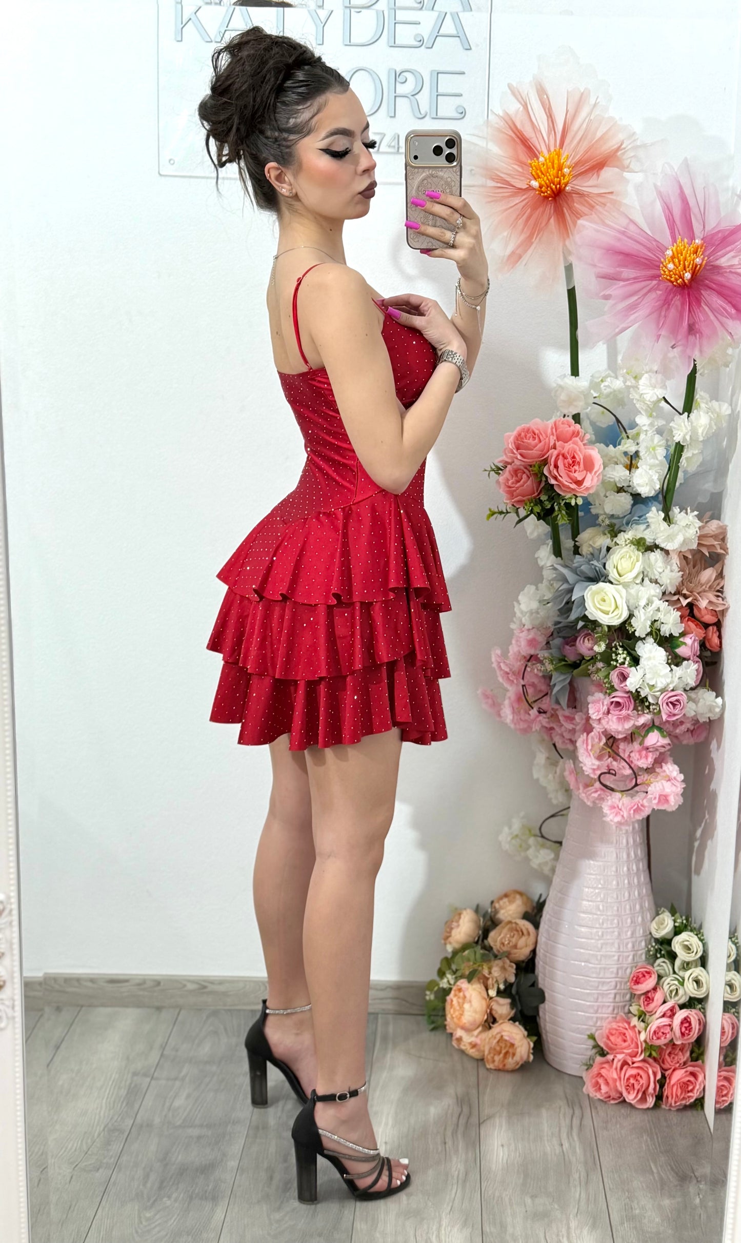 Rochie scurta rosie cu cristale ștanțate ZONIA