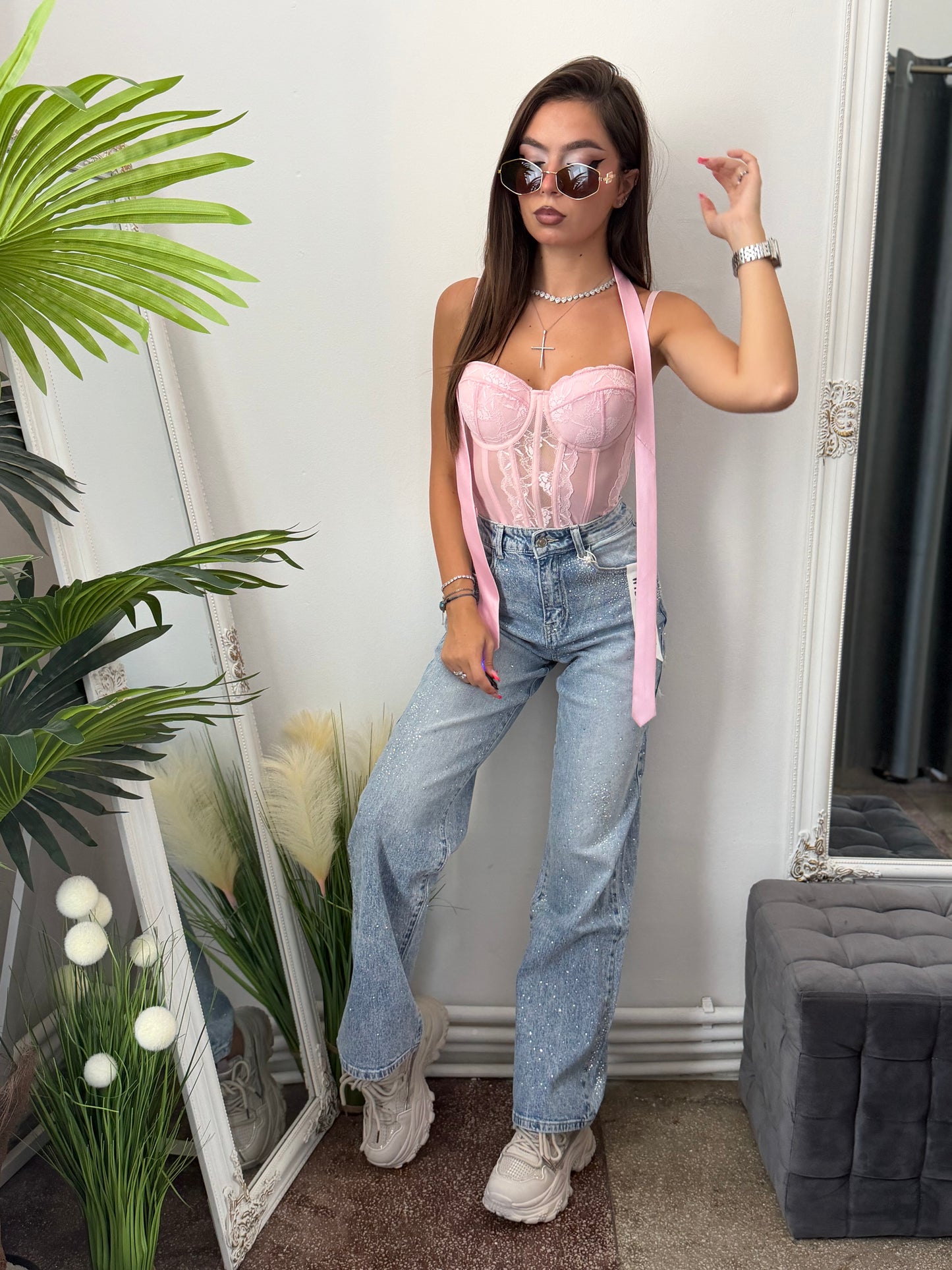 Jeans WideLeg blue cu cristale ștanțate CAMY