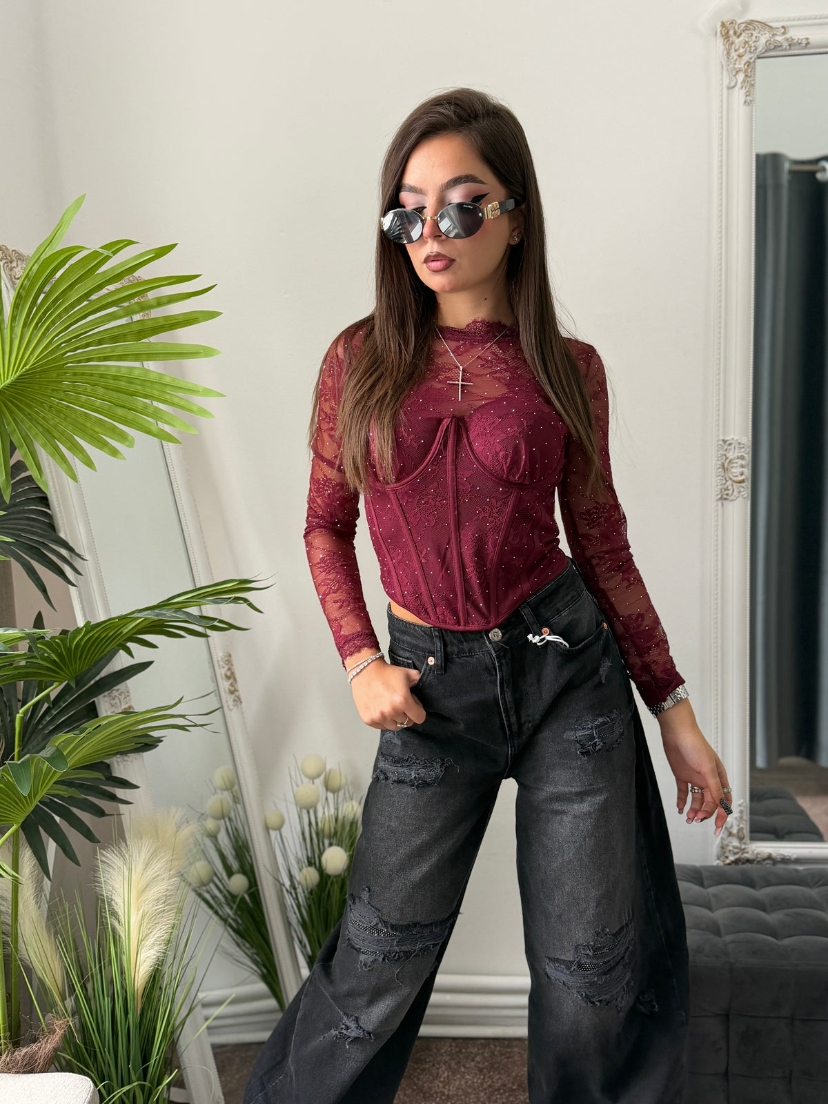 Top din dantelă cu cristale burgundy