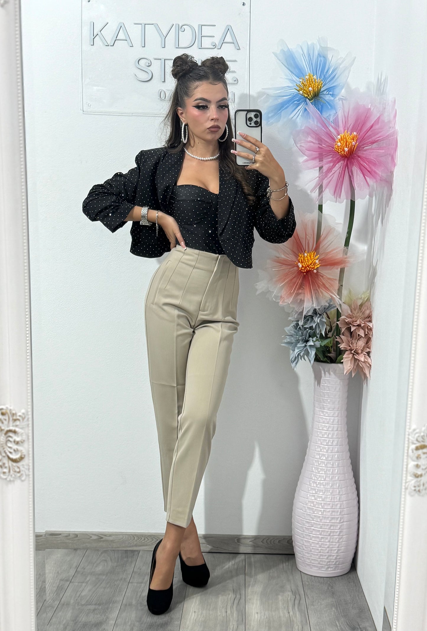 Pantalon crem cu talie inalta Caroline