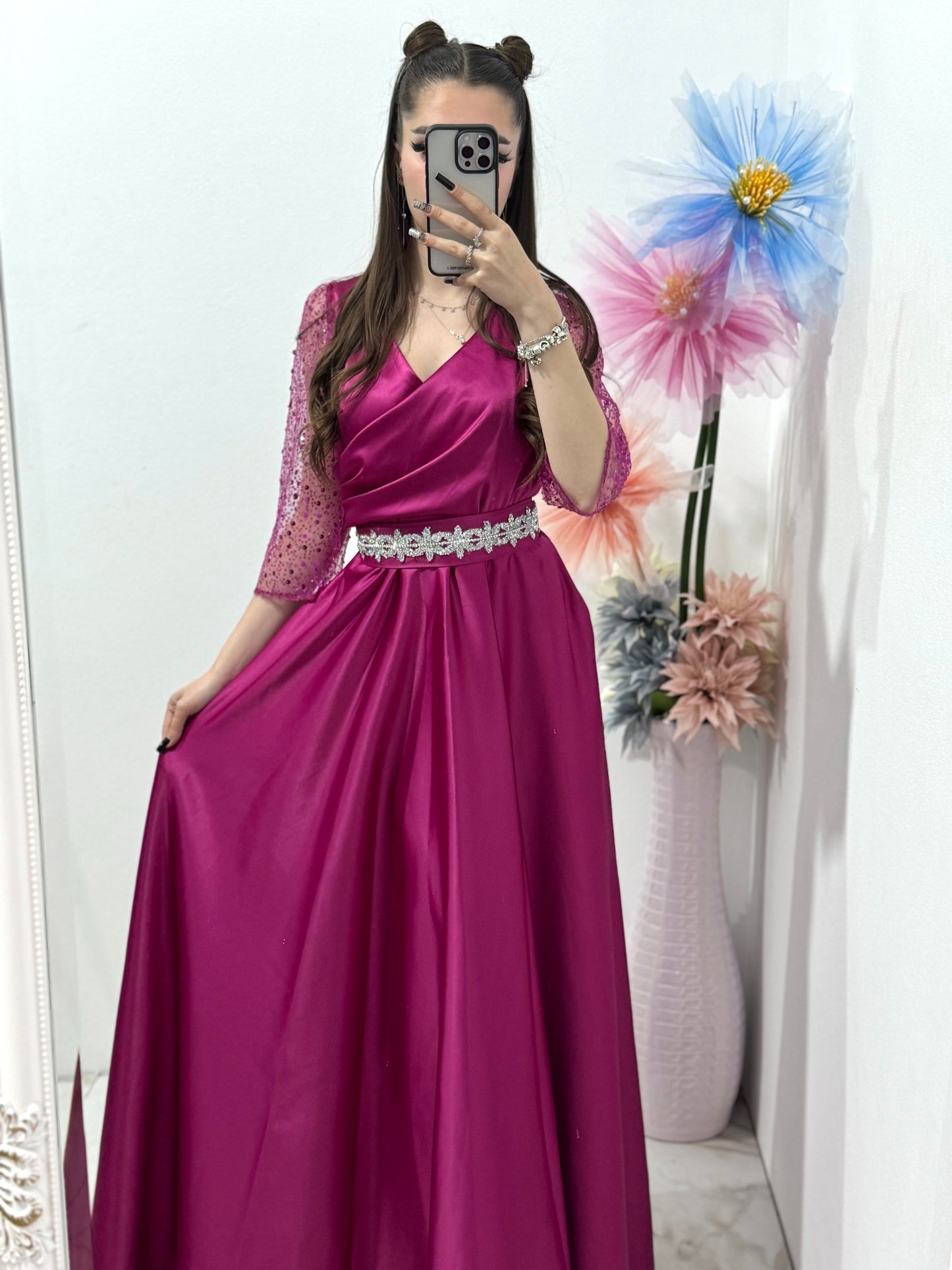 Rochie lungă Adria din tafta fucsia