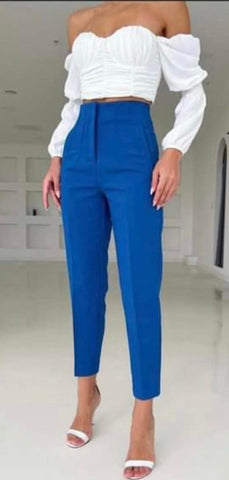 Pantalon albastru cu talie inalta Caroline