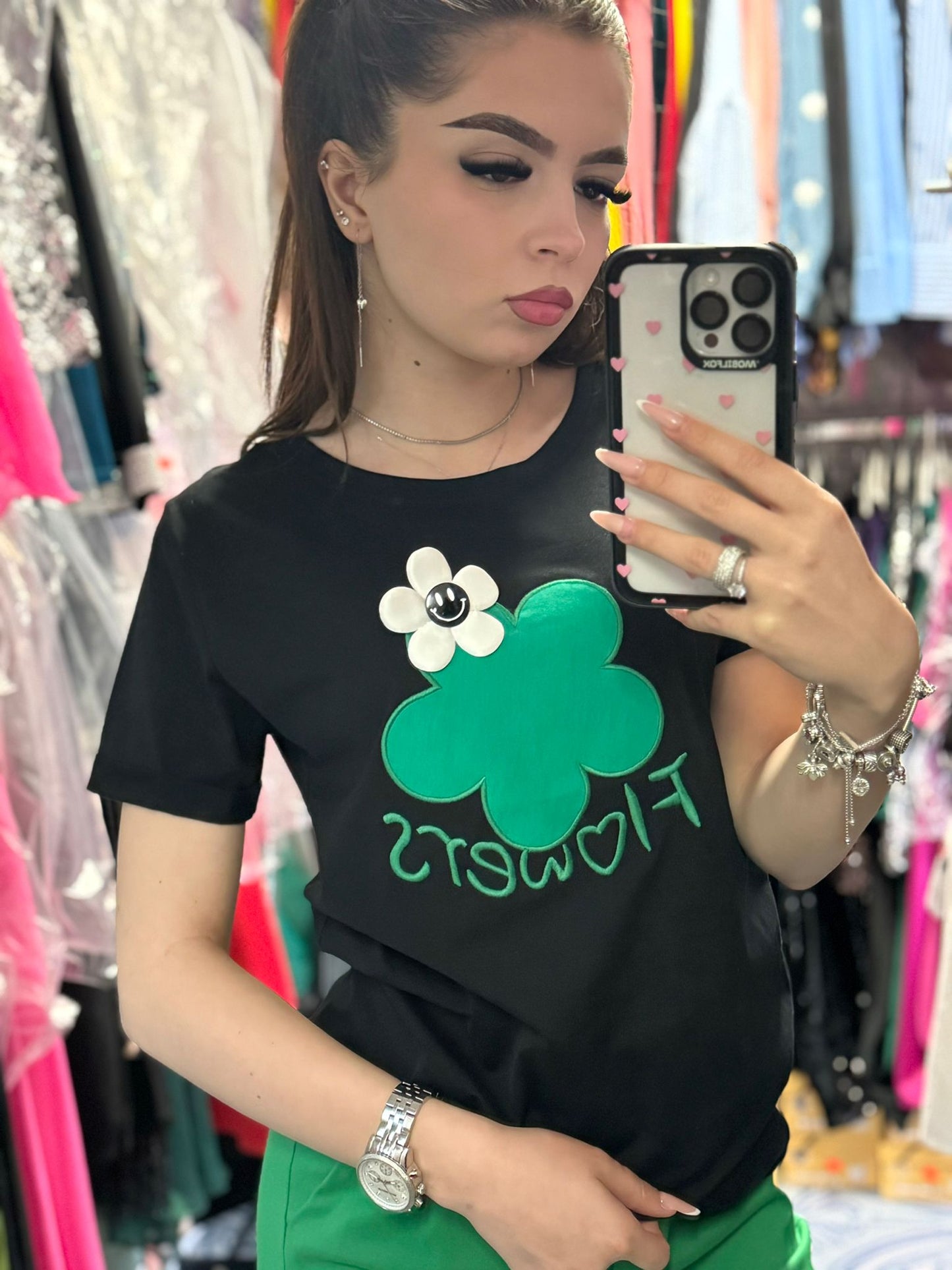 Tricou negru Green Flower