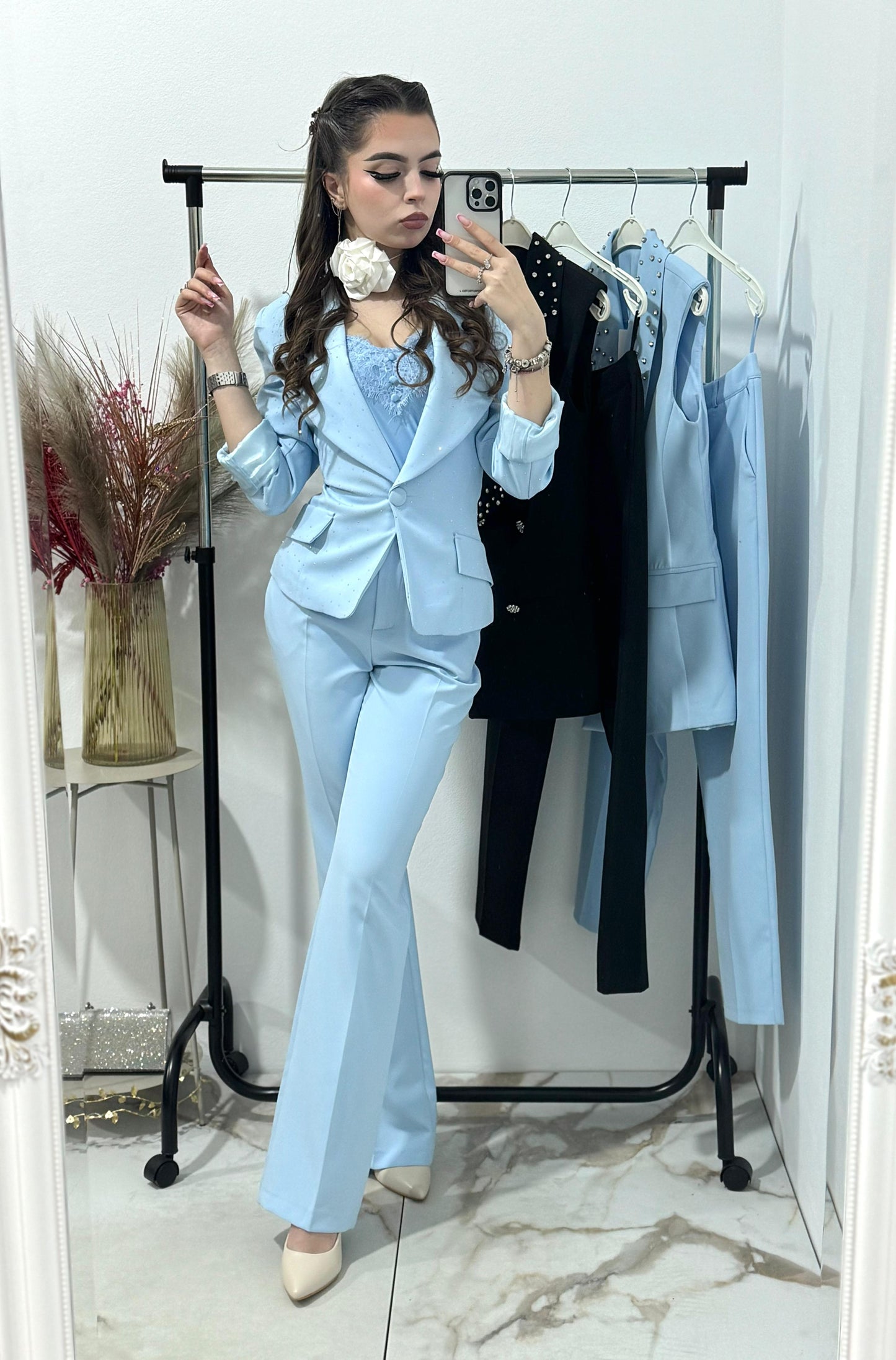 Costum elegant blue cu pantaloni evazati