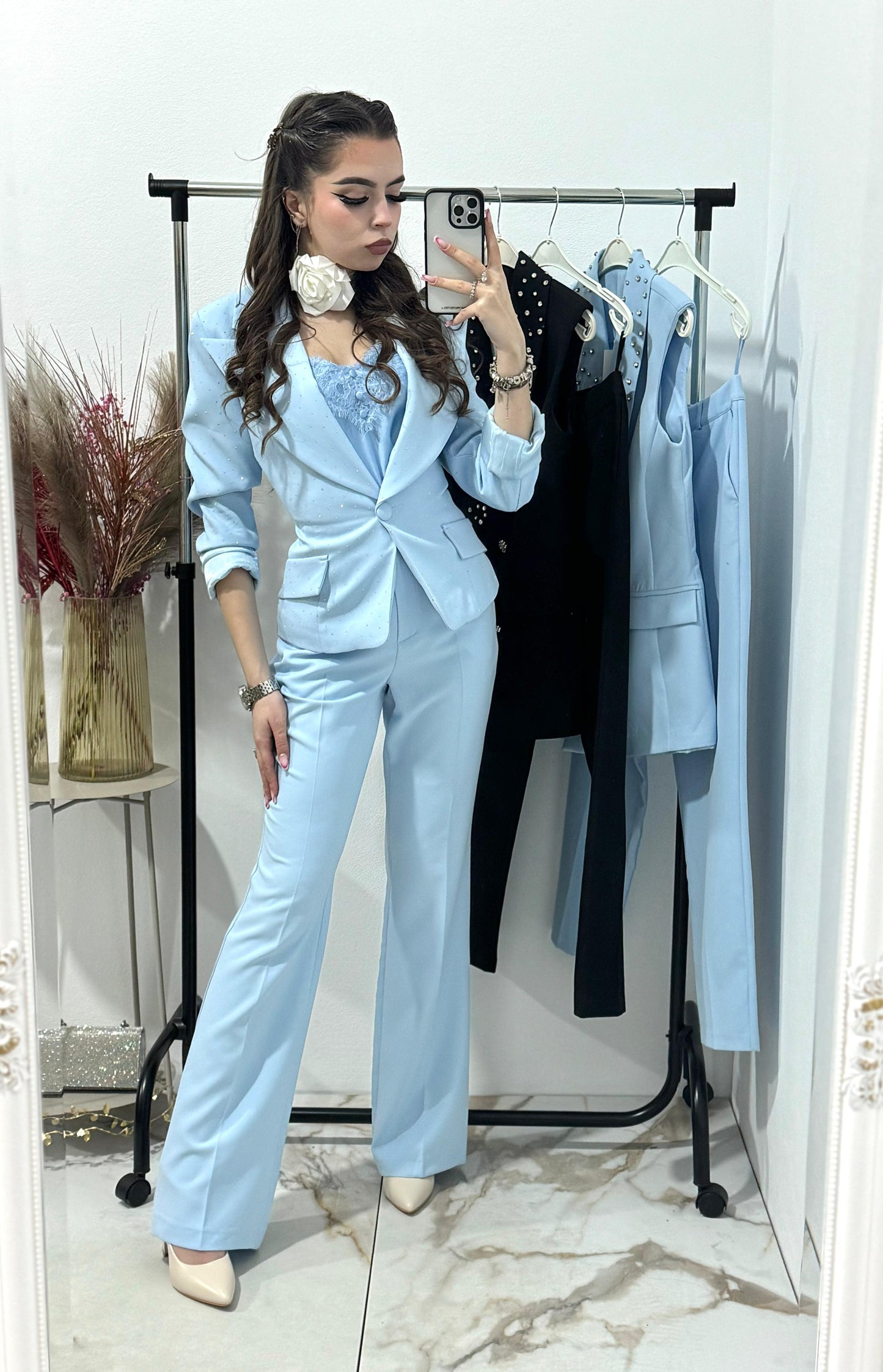 Costum elegant blue cu pantaloni evazati