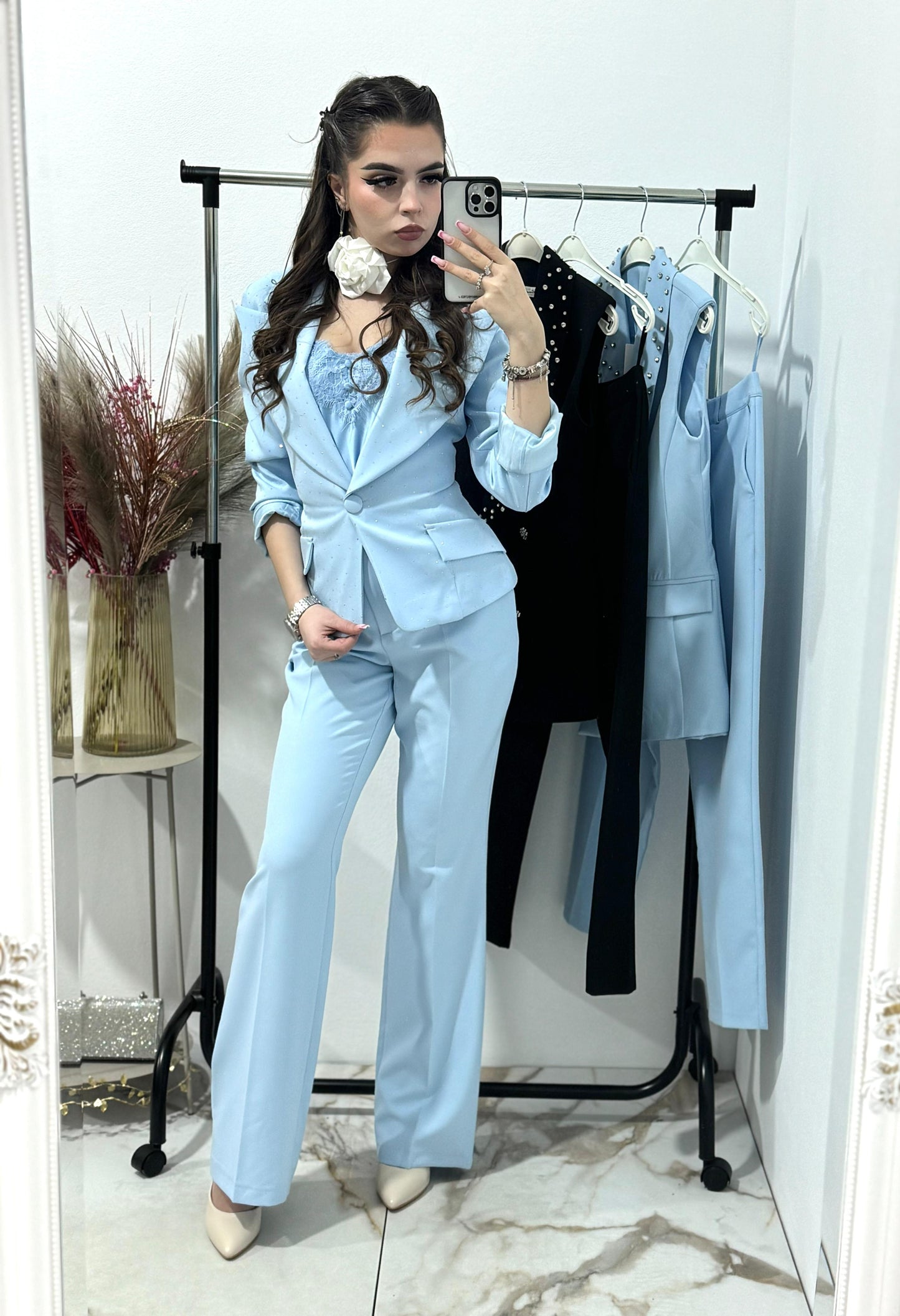 Costum elegant blue cu pantaloni evazati