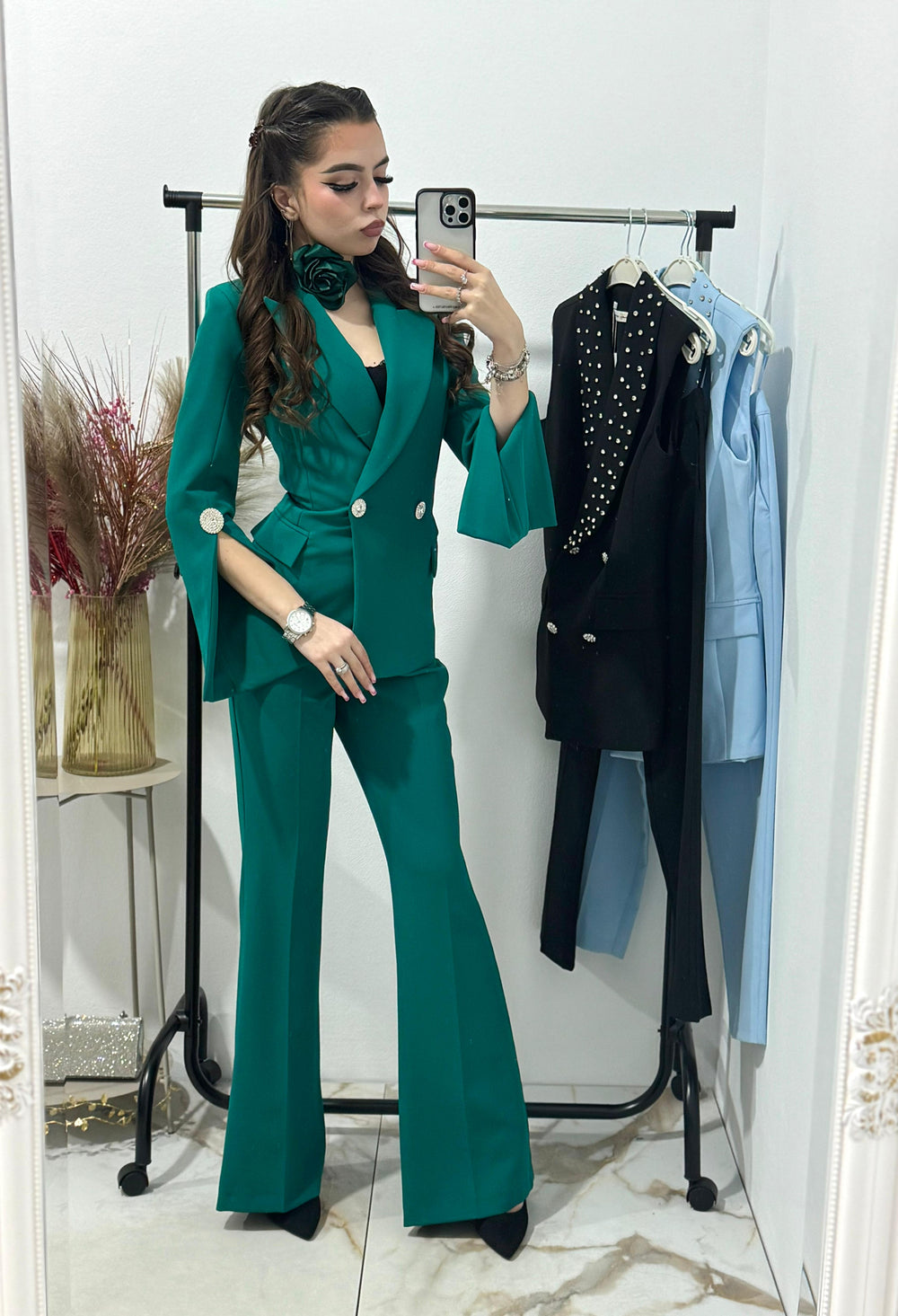 Costum verde cu pantalon evazat Ella