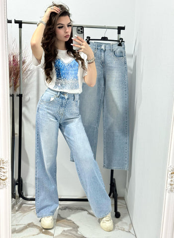 Blugi albaștri wide leg cu cristale Dede