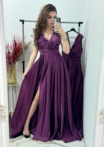 Rochie lunga cu dantela 3D mov-pruna Adette