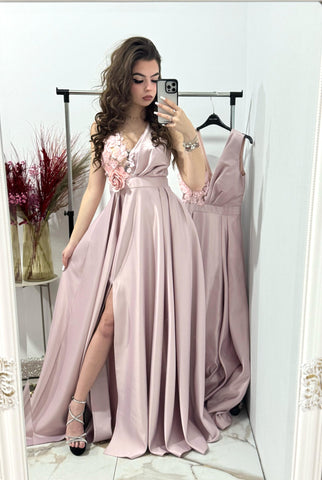 Rochie roz lunga cu dantela 3D