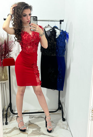 Rochie rosie eleganta cu dantela 3D Paulinne