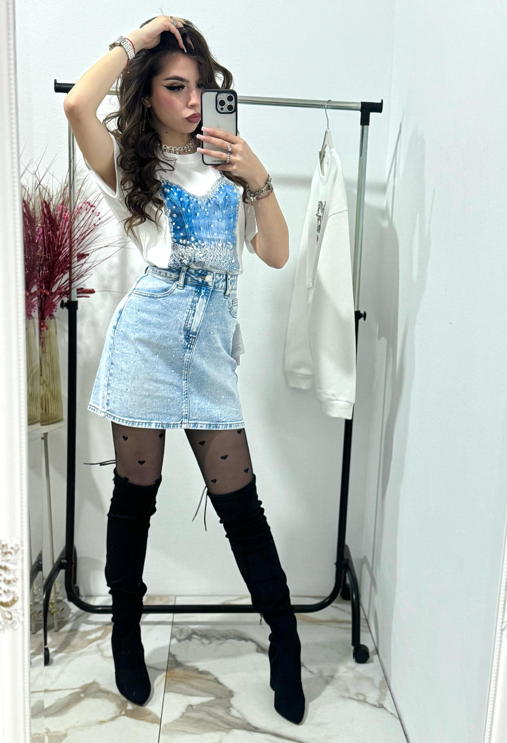 Fusta din denim cu cristale Felicia