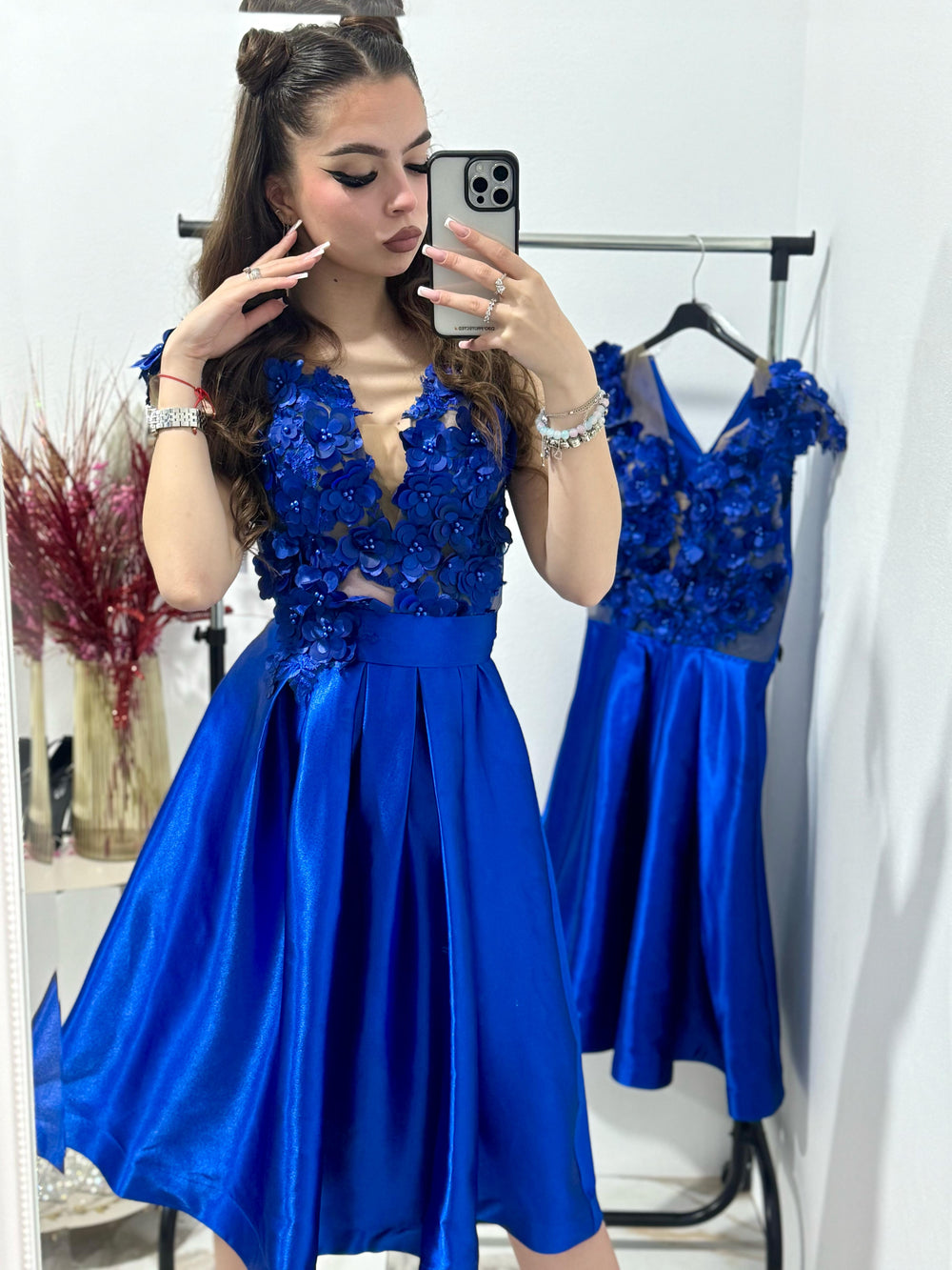 Rochie eleganta albastra Iris cu flori 3D