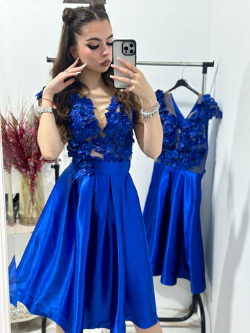 Rochie eleganta albastra Iris cu flori 3D