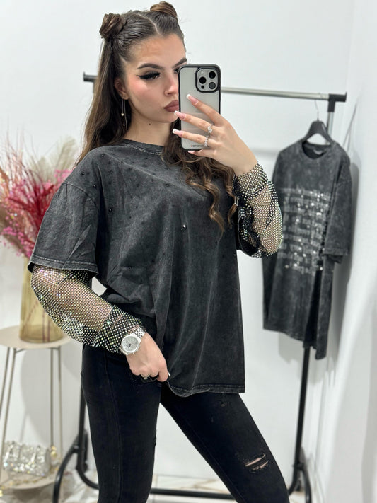 Tricou dama cu maneca din cristale