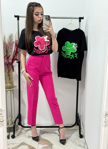 Pantalon fucsia cu talie inalta Caroline