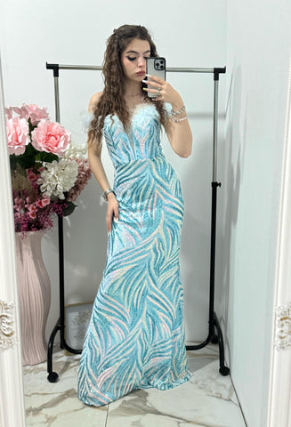 Rochie lunga eleganta din paiete aquamarin Janina