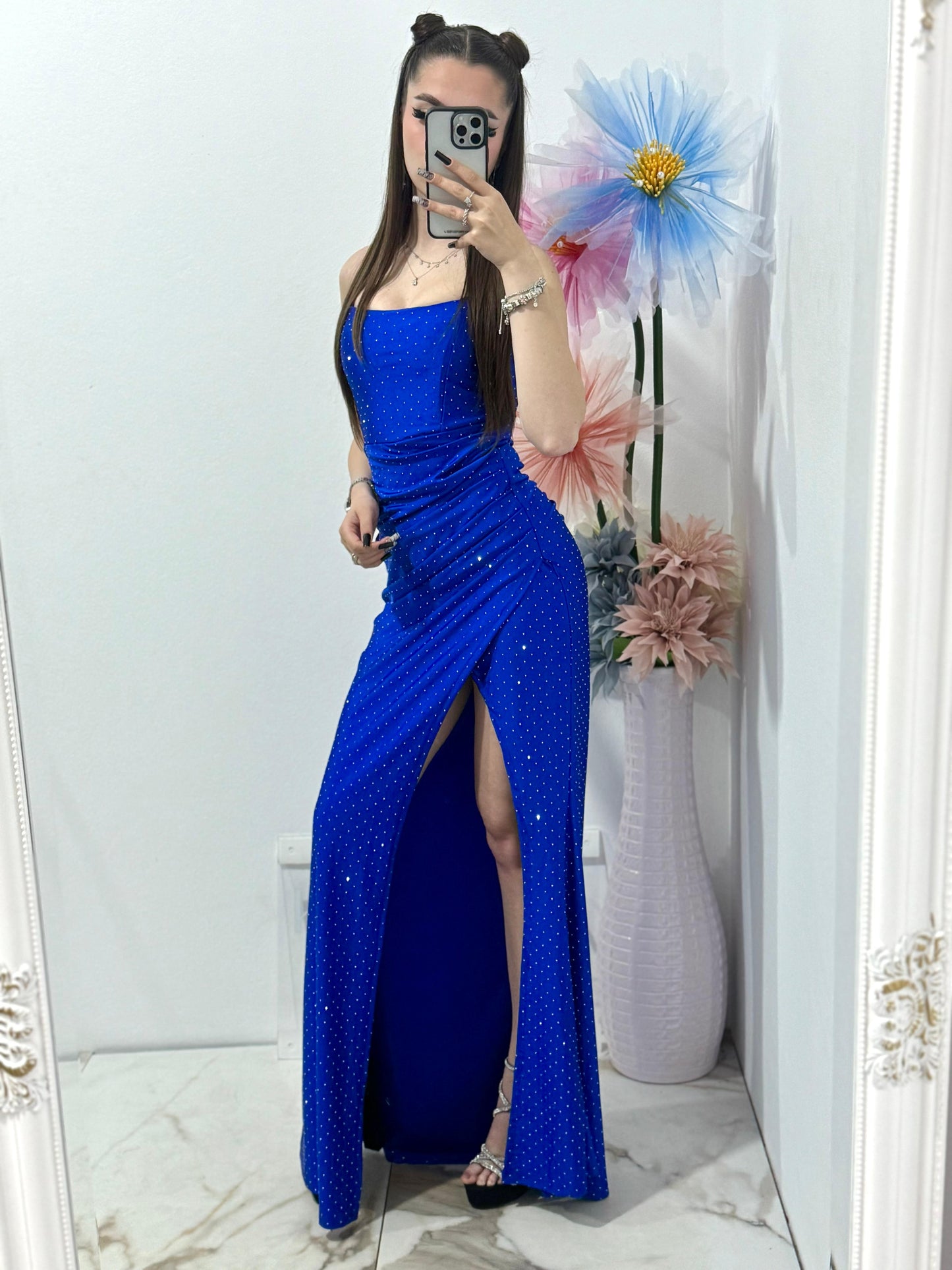 Rochie lunga albastru cu corset Caroline