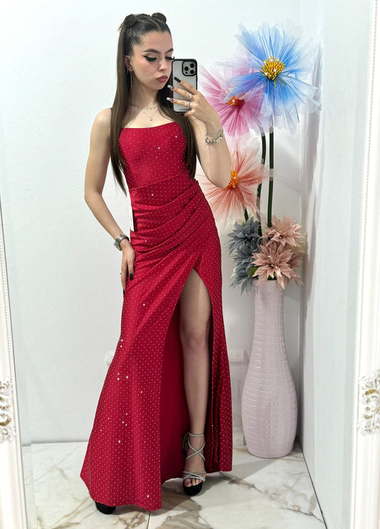Rochie lunga rosie cu corset Caroline
