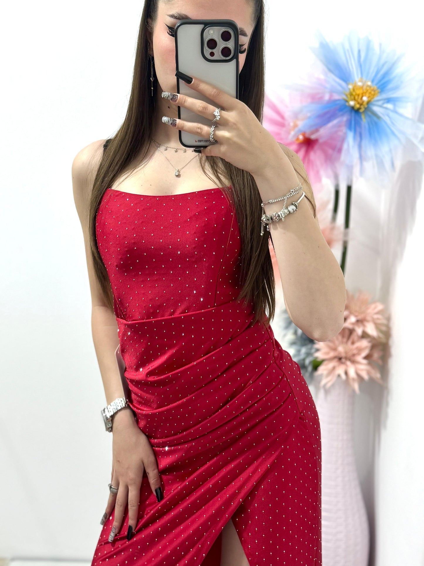 Rochie lunga rosie cu corset Caroline