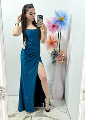 Rochie lunga turcoaz cu corset Caroline