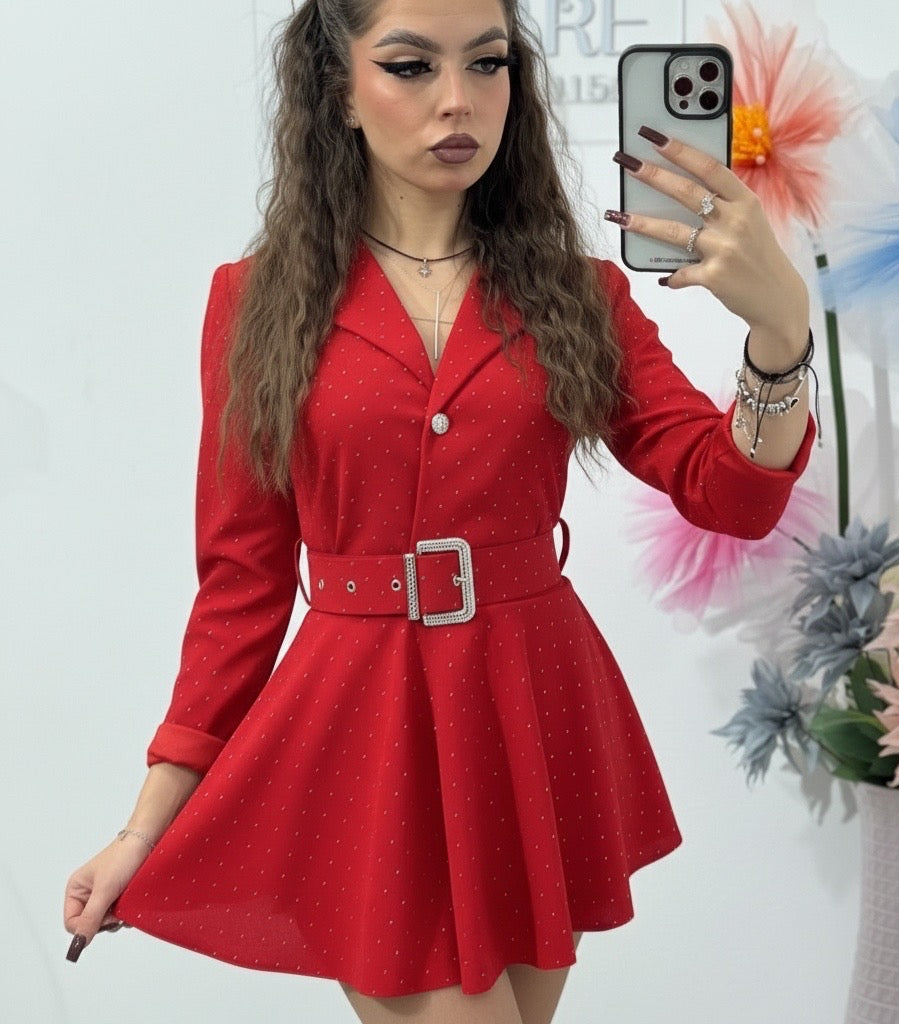 Salopetă roșie cu cristale și curea LAURA